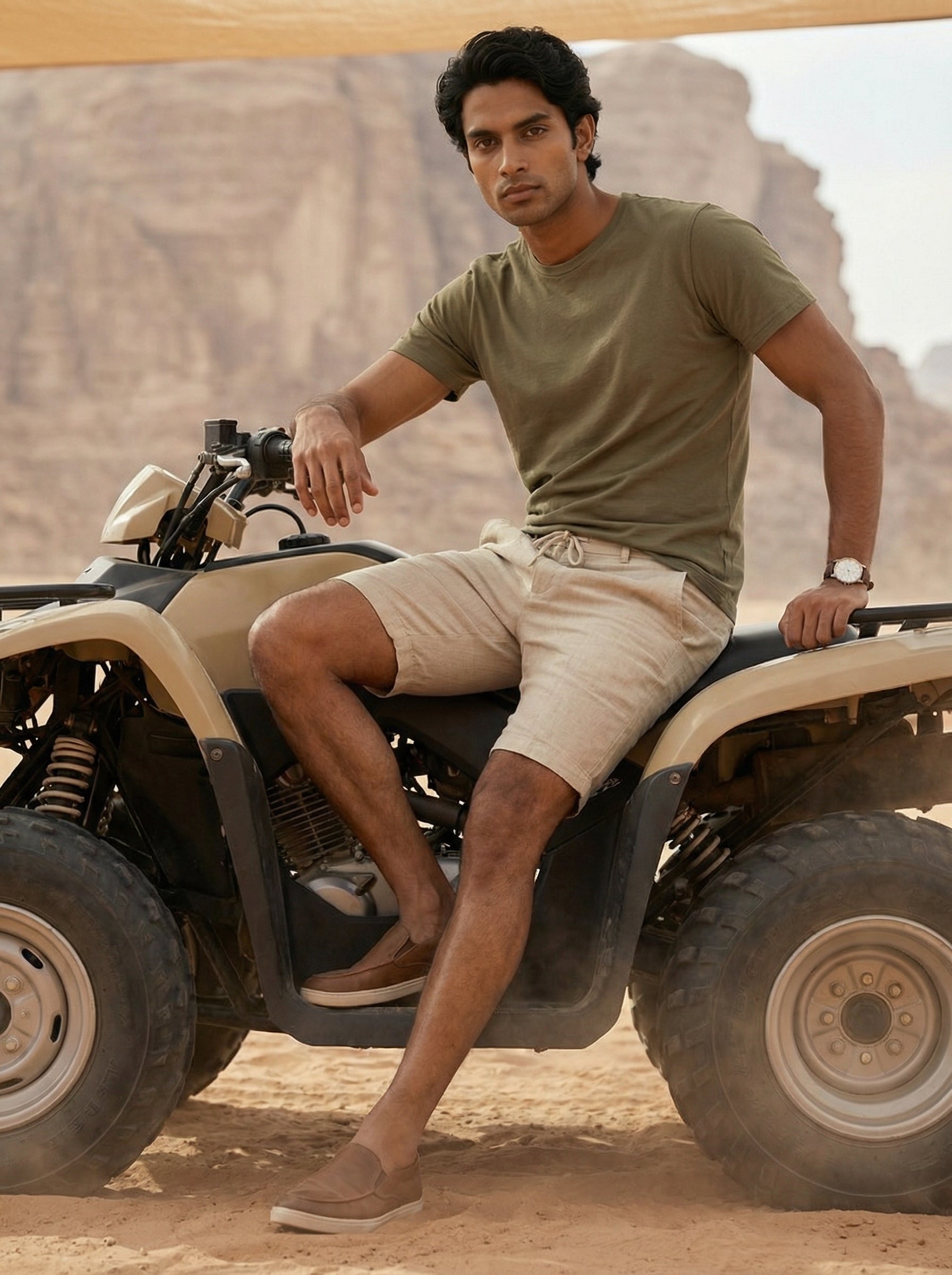 Men’s Beige Slub Weave Linen Shorts