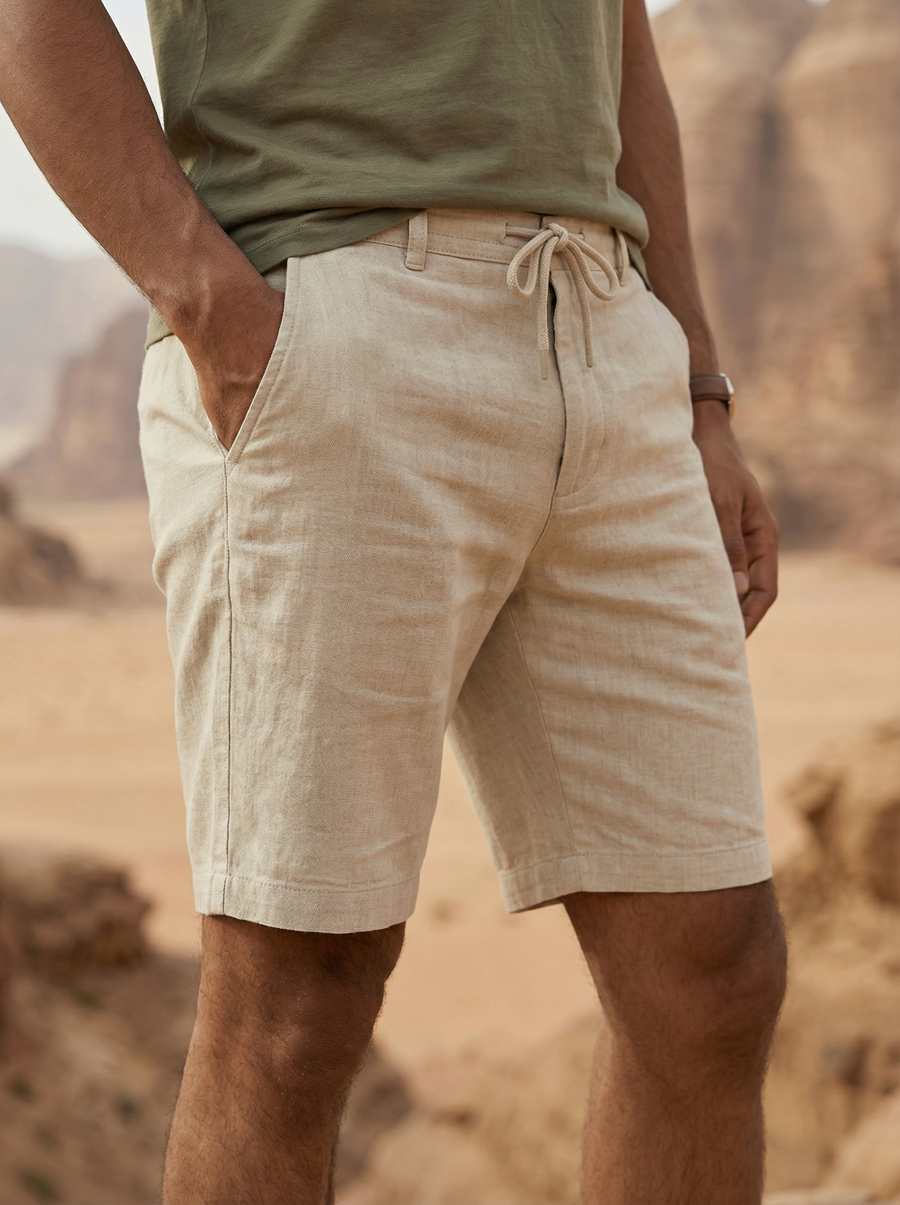 Men’s Beige Slub Weave Linen Shorts