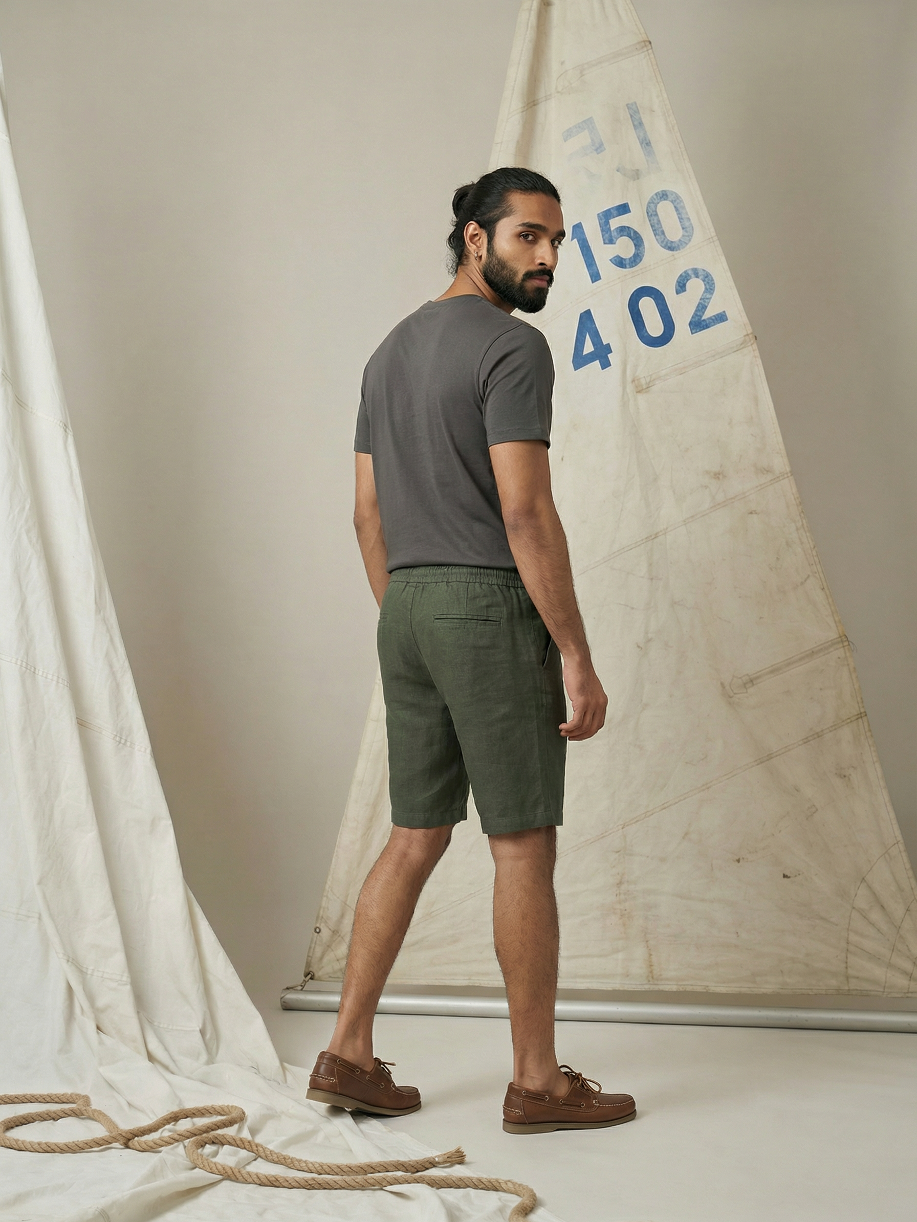 Men’s Dark Green Linen Slub Shorts