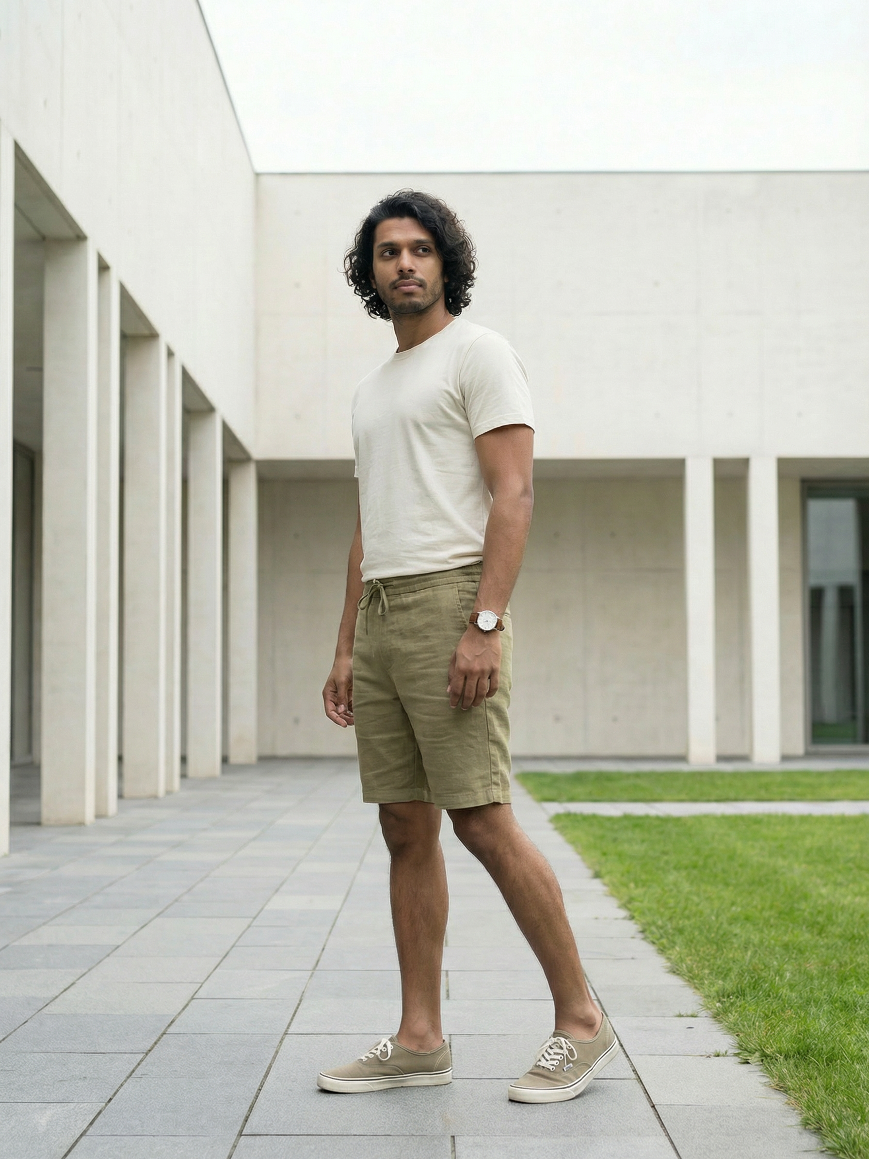 Men’s Khaki Linen Shorts With Slub Texture