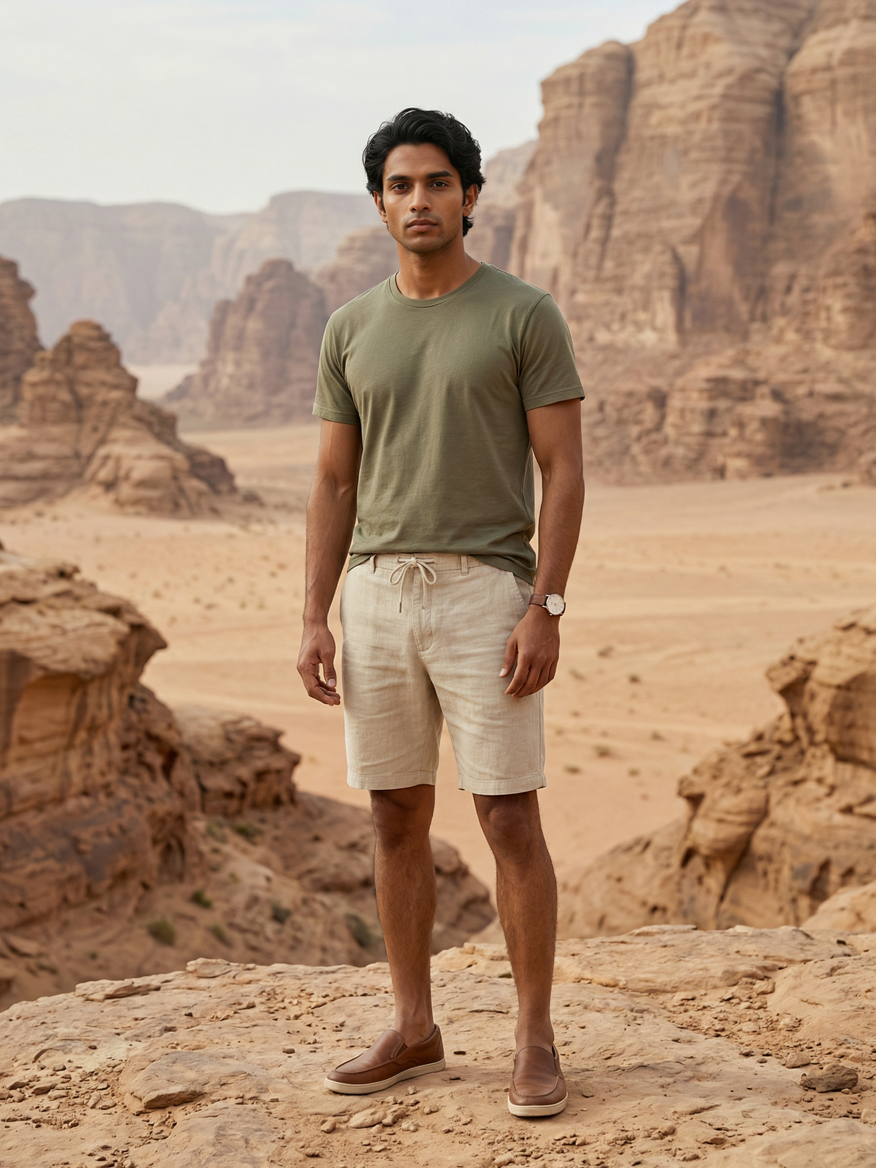 Men’s Regular Fit Linen Shorts Beige Slub Weave