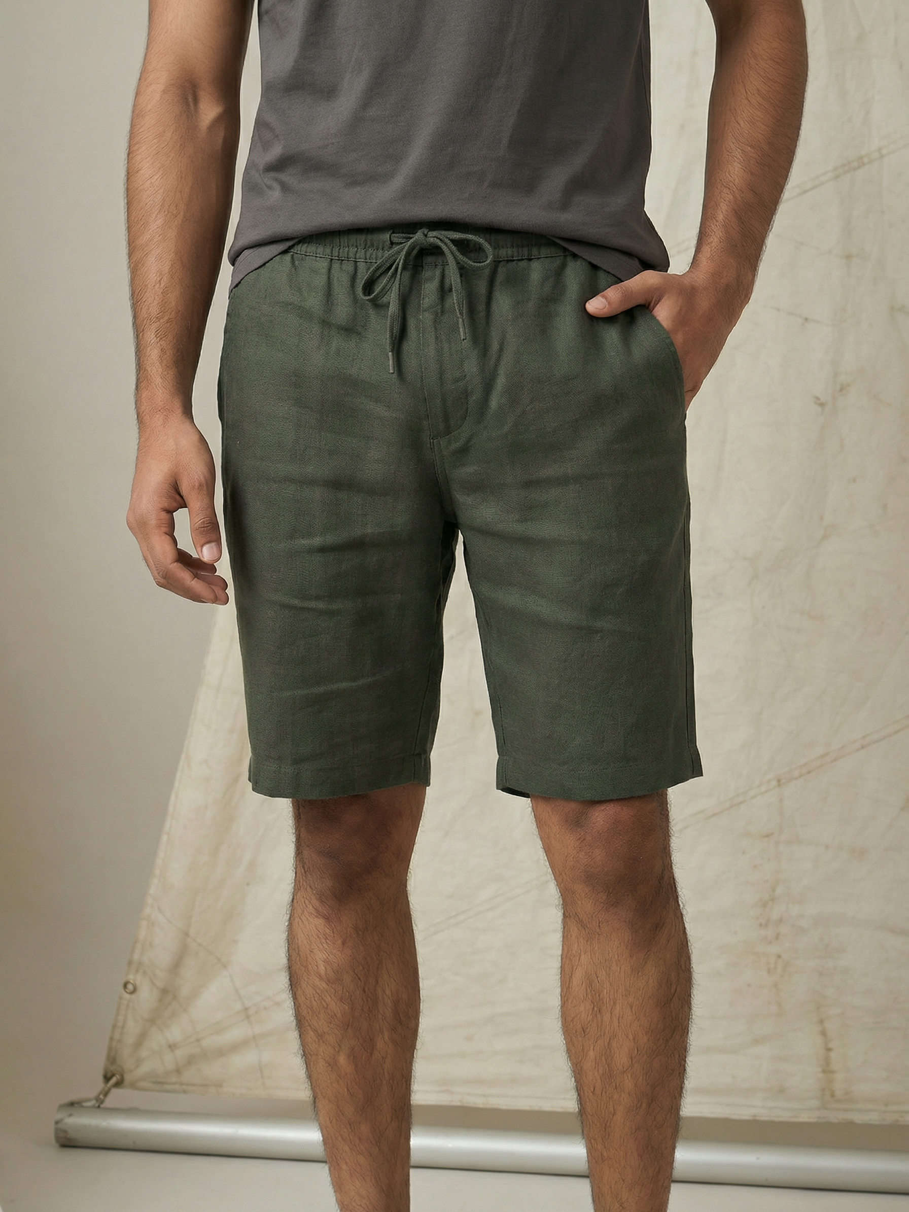 Men’s Dark Green Linen Slub Shorts
