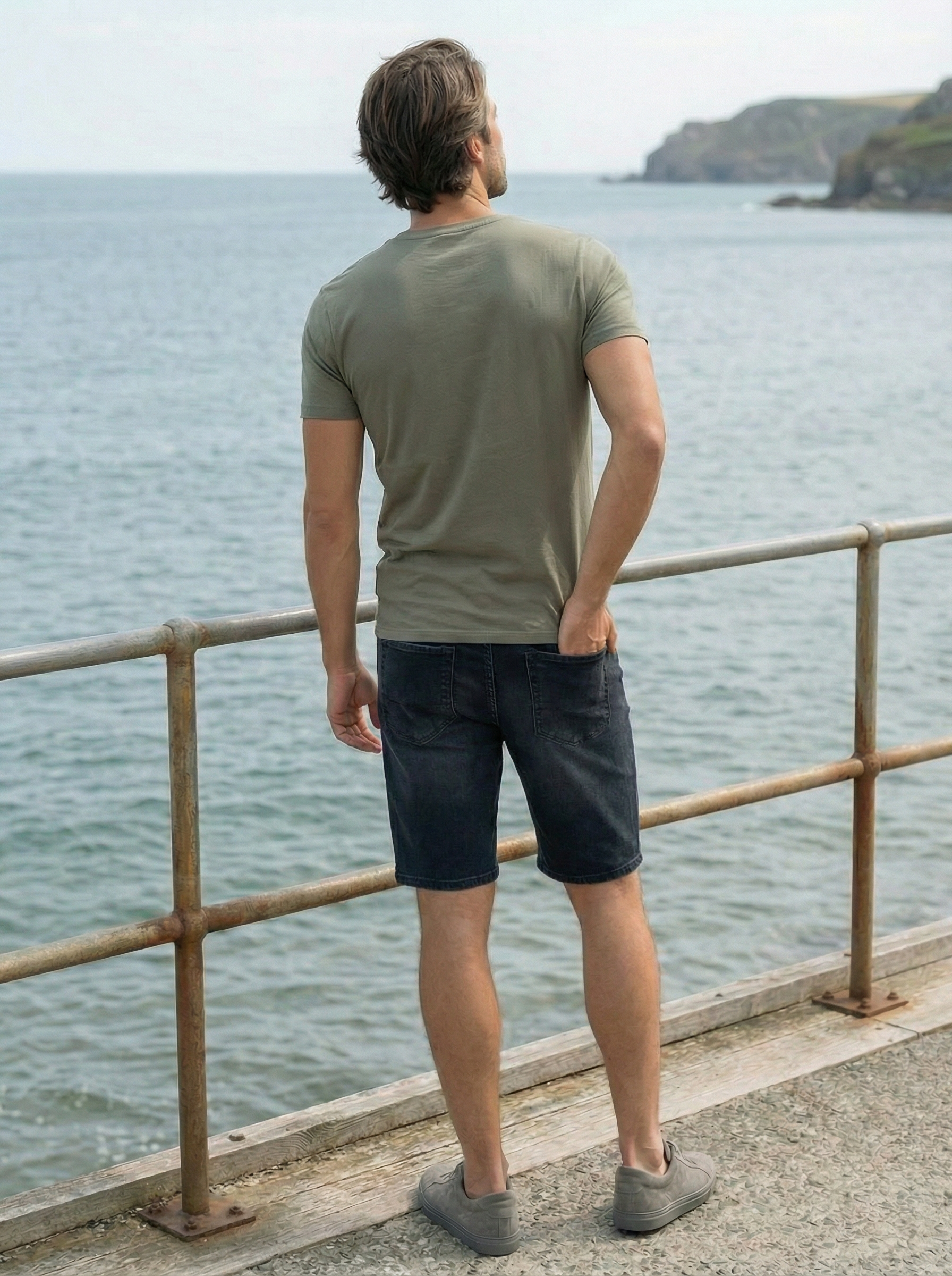 Men’s Light Grey Slim Fit Cotton Stretch Denim Shorts