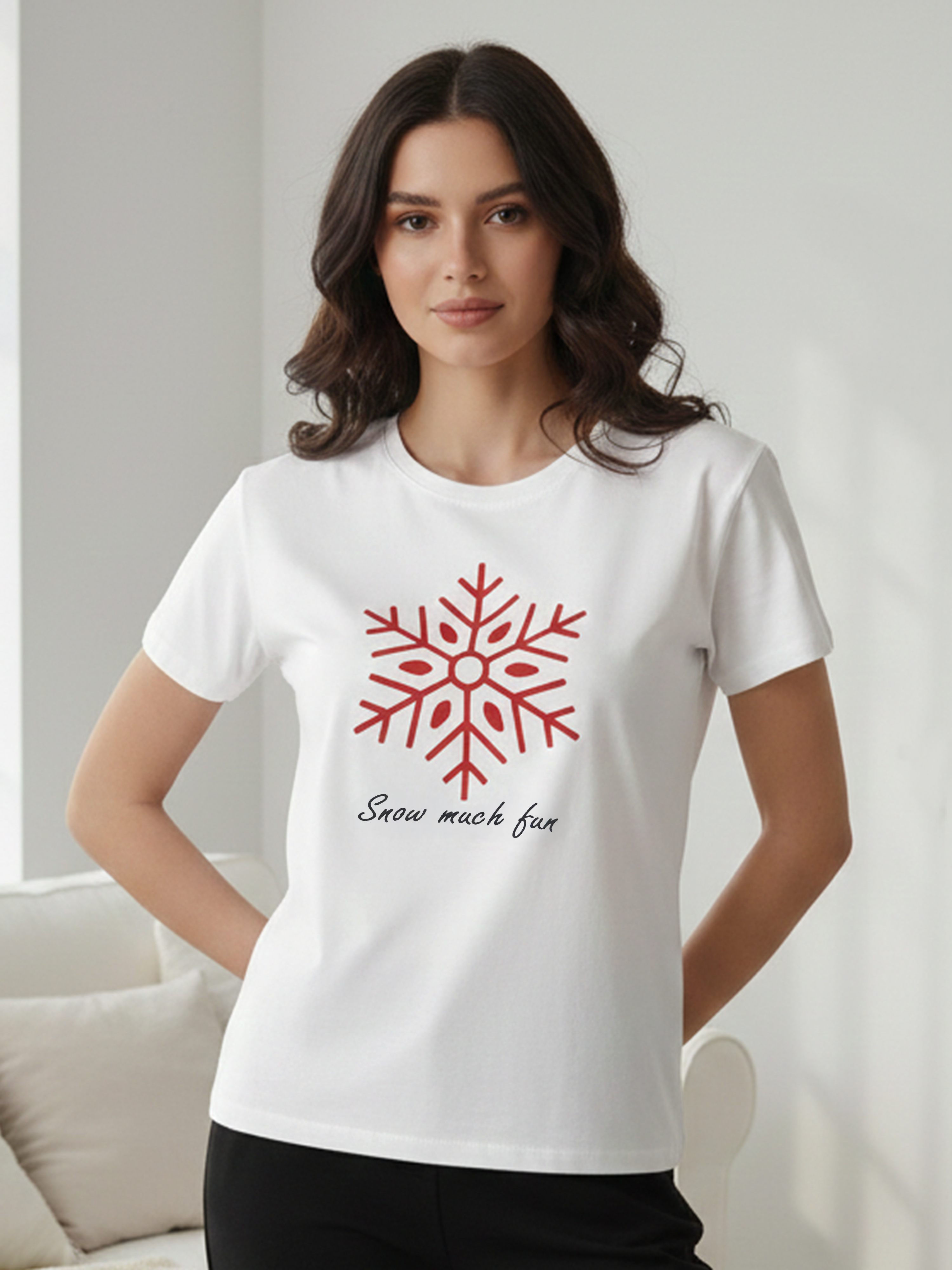 Women’s White Graphic Cotton T-Shirt with Snowflake Print