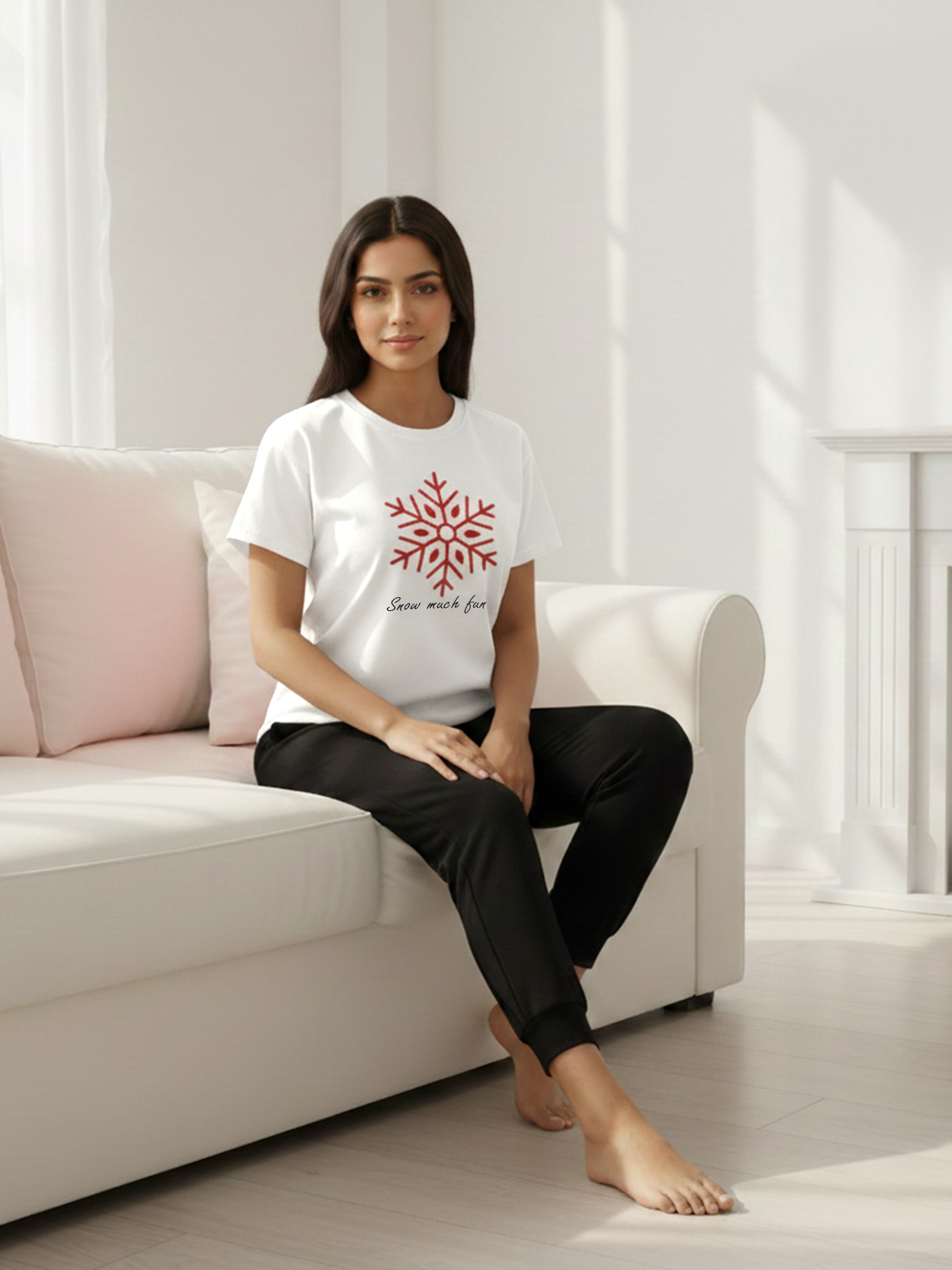 Women’s White Graphic Cotton T-Shirt with Snowflake Print