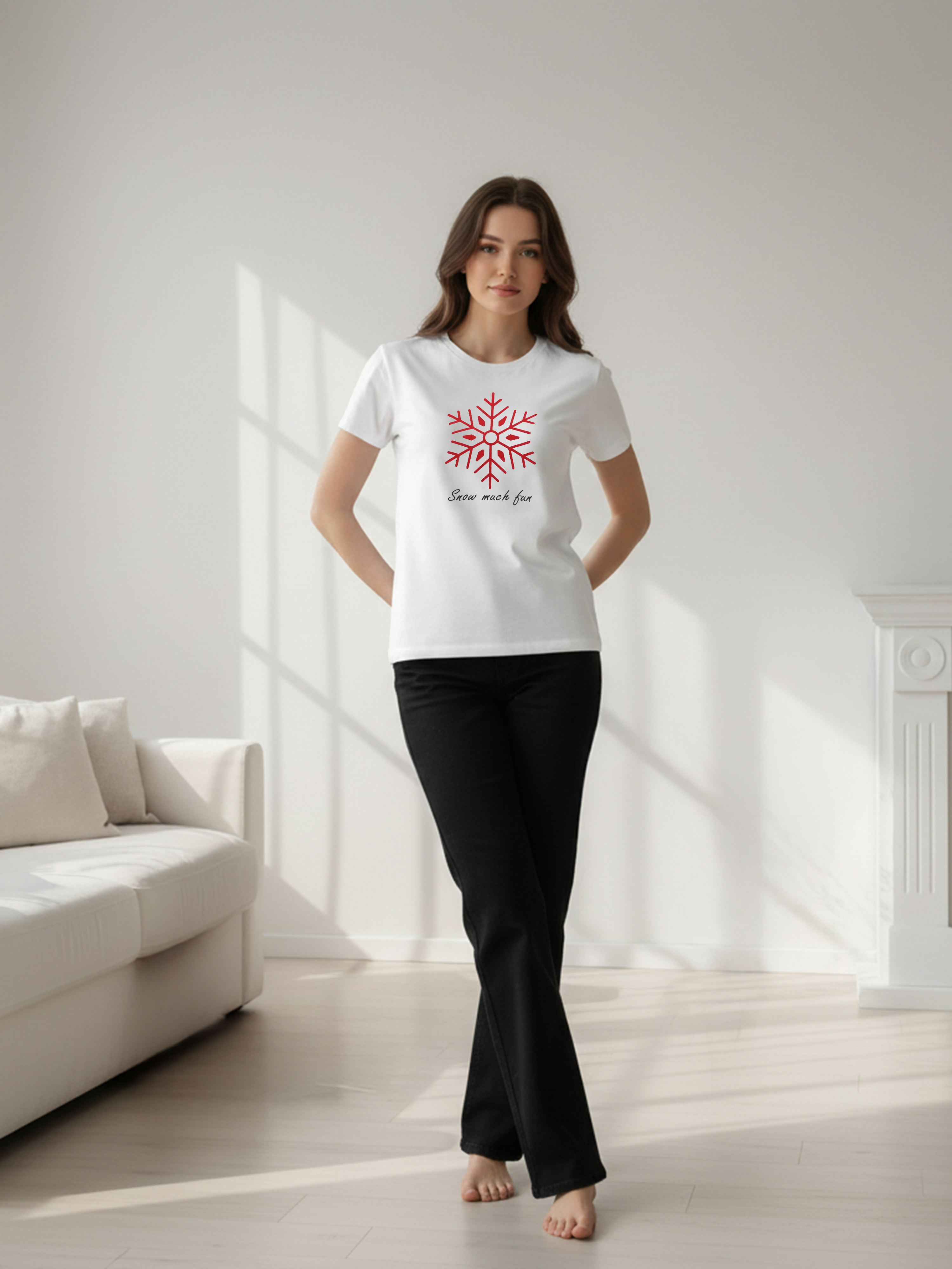 Women’s White Graphic Cotton T-Shirt with Snowflake Print