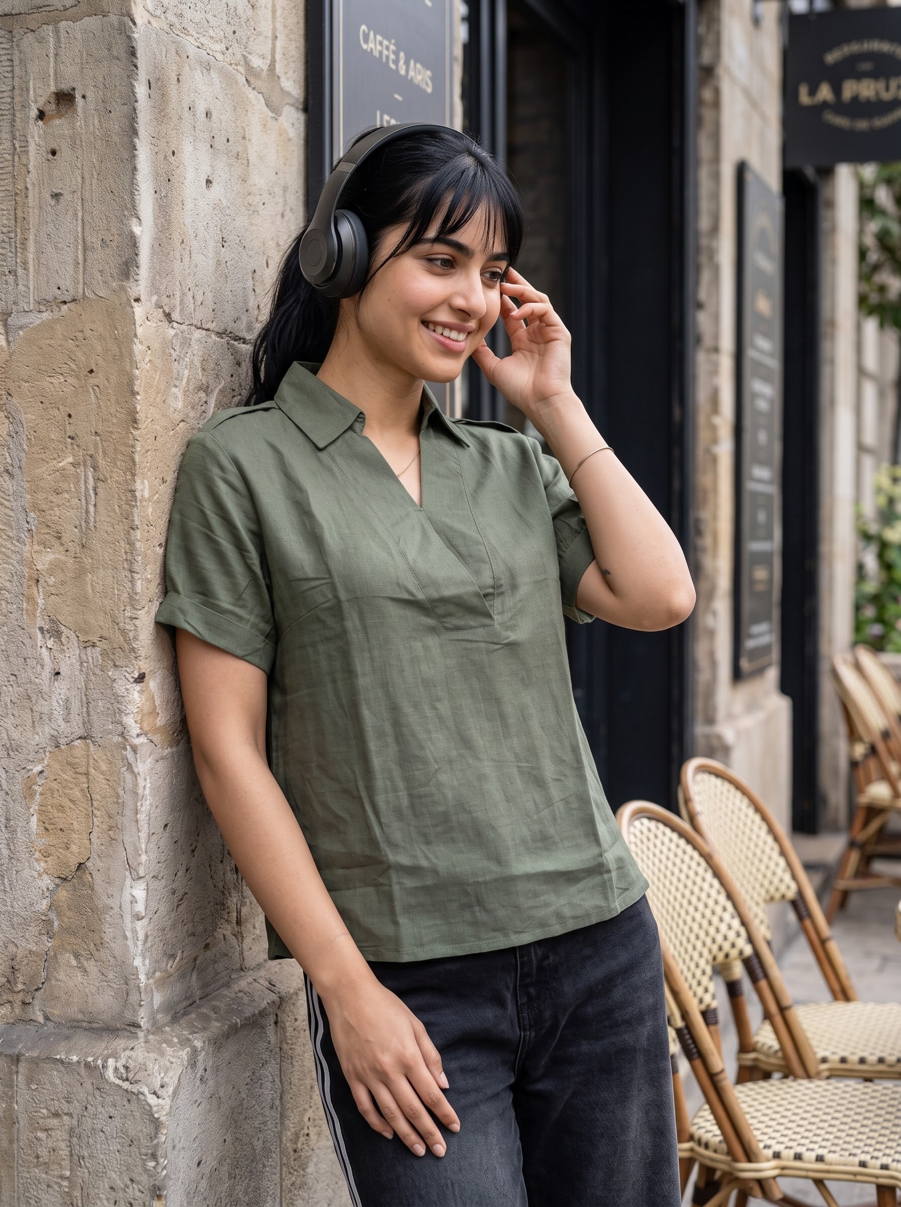 Women's Linen Green Color Regular Fit Top