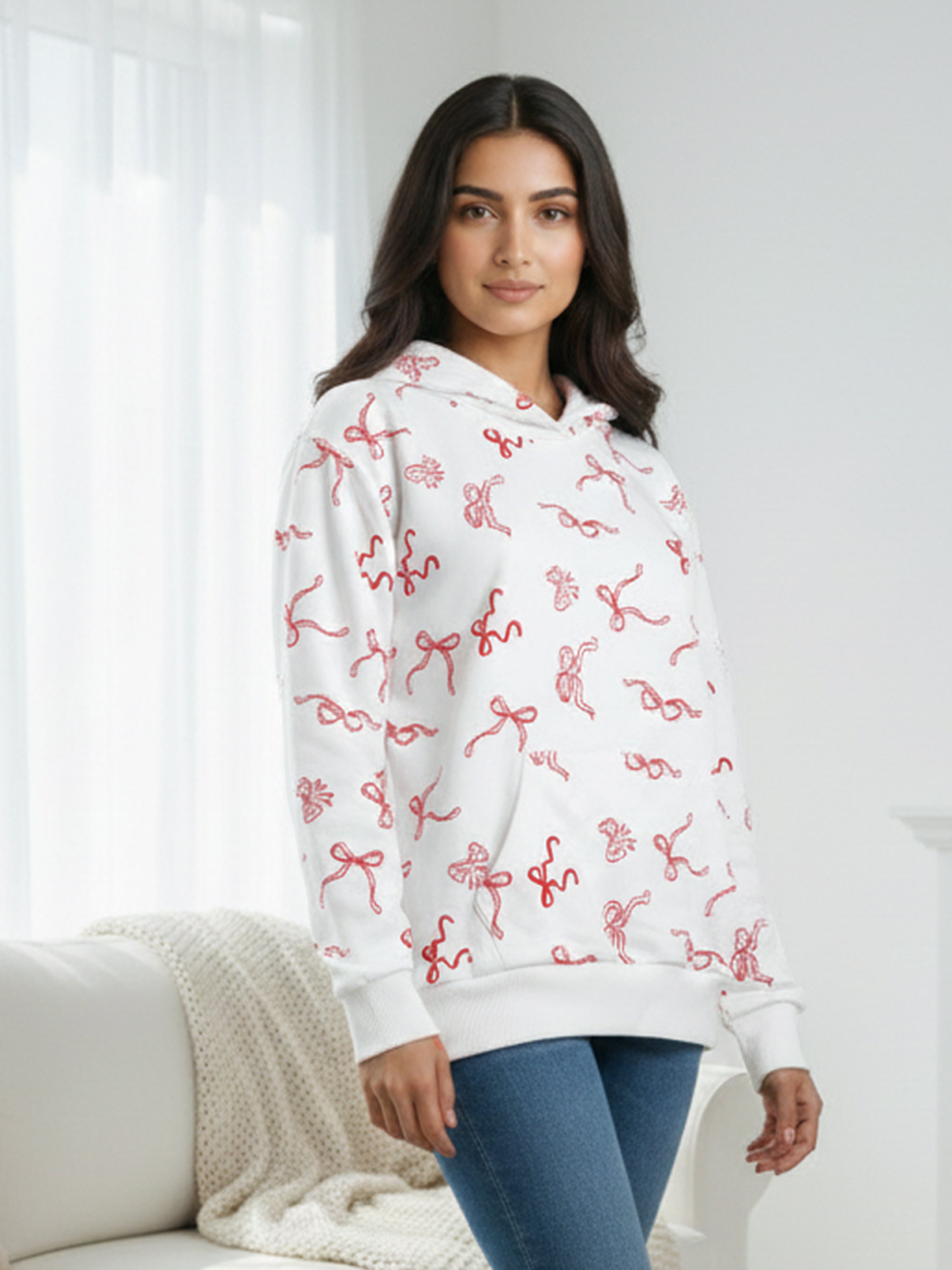 Women’s White Hooded Sweatshirt with Red Bow Print