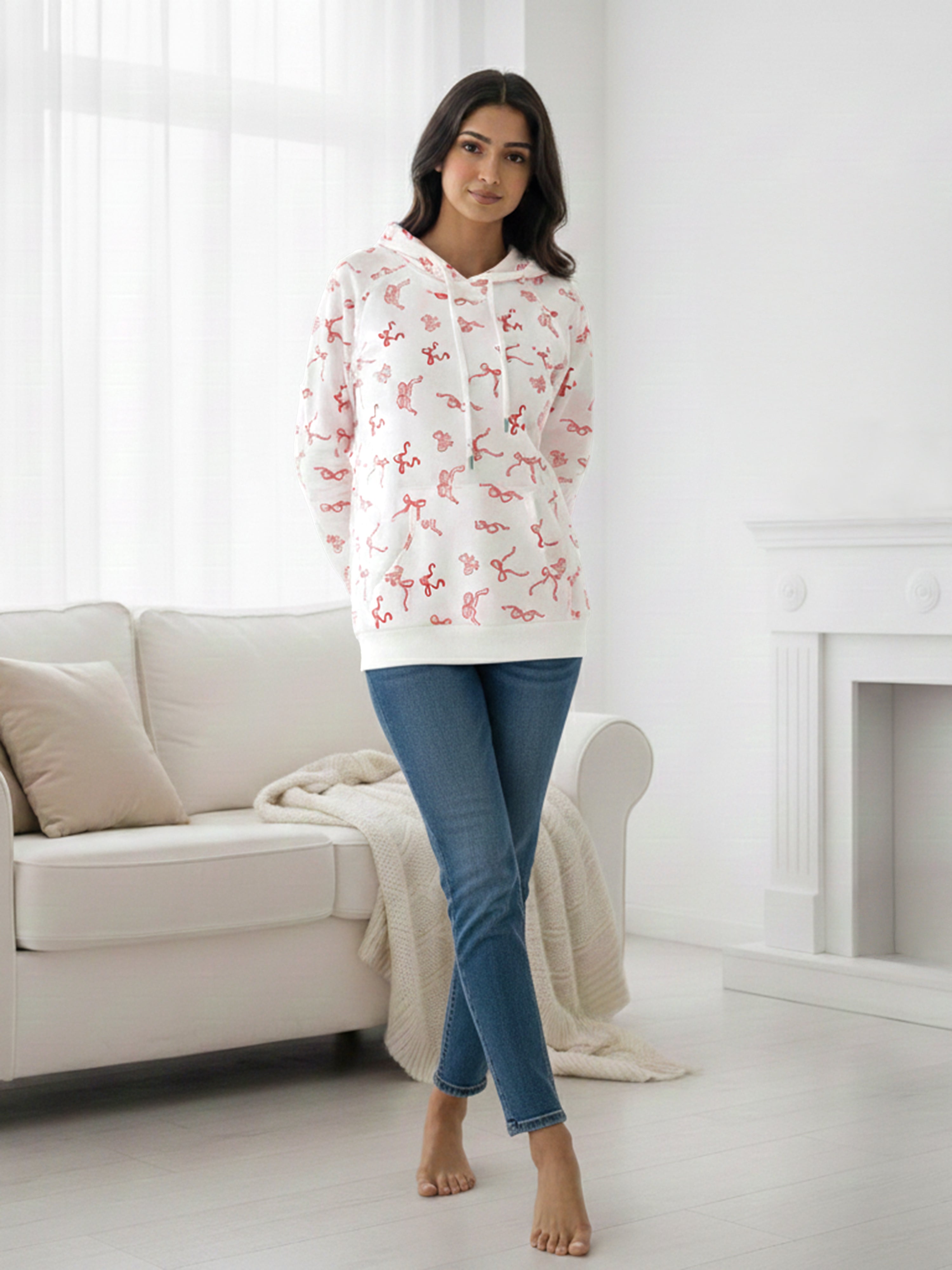 Women’s White Hooded Sweatshirt with Red Bow Print