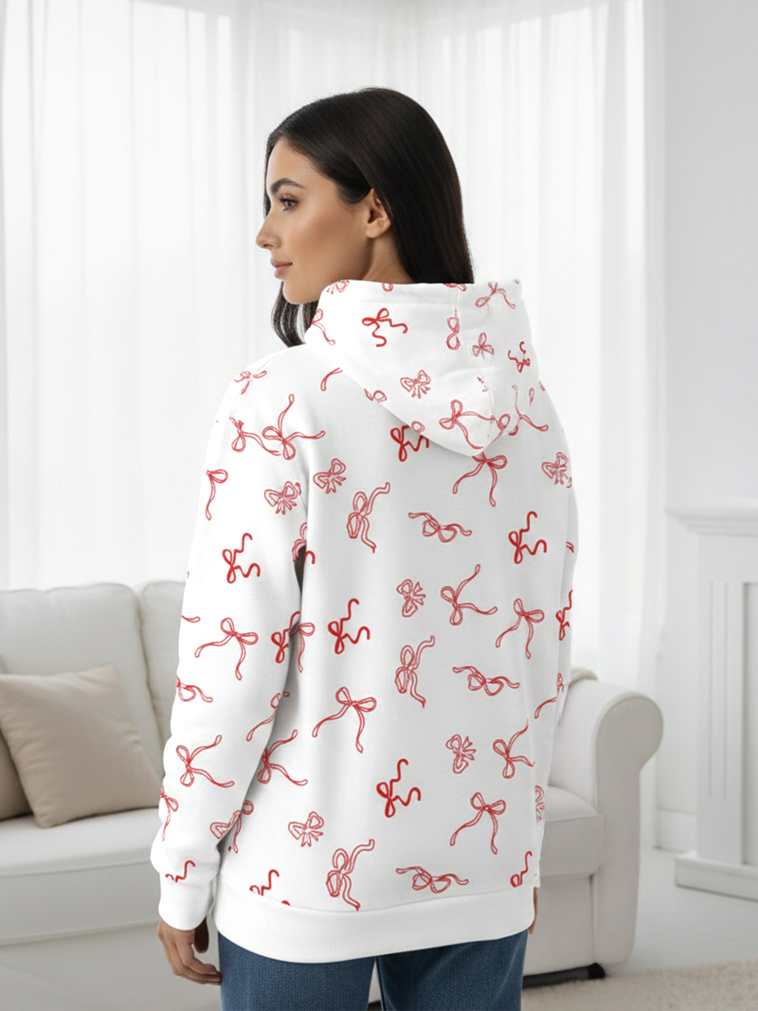 Women’s White Hooded Sweatshirt with Red Bow Print