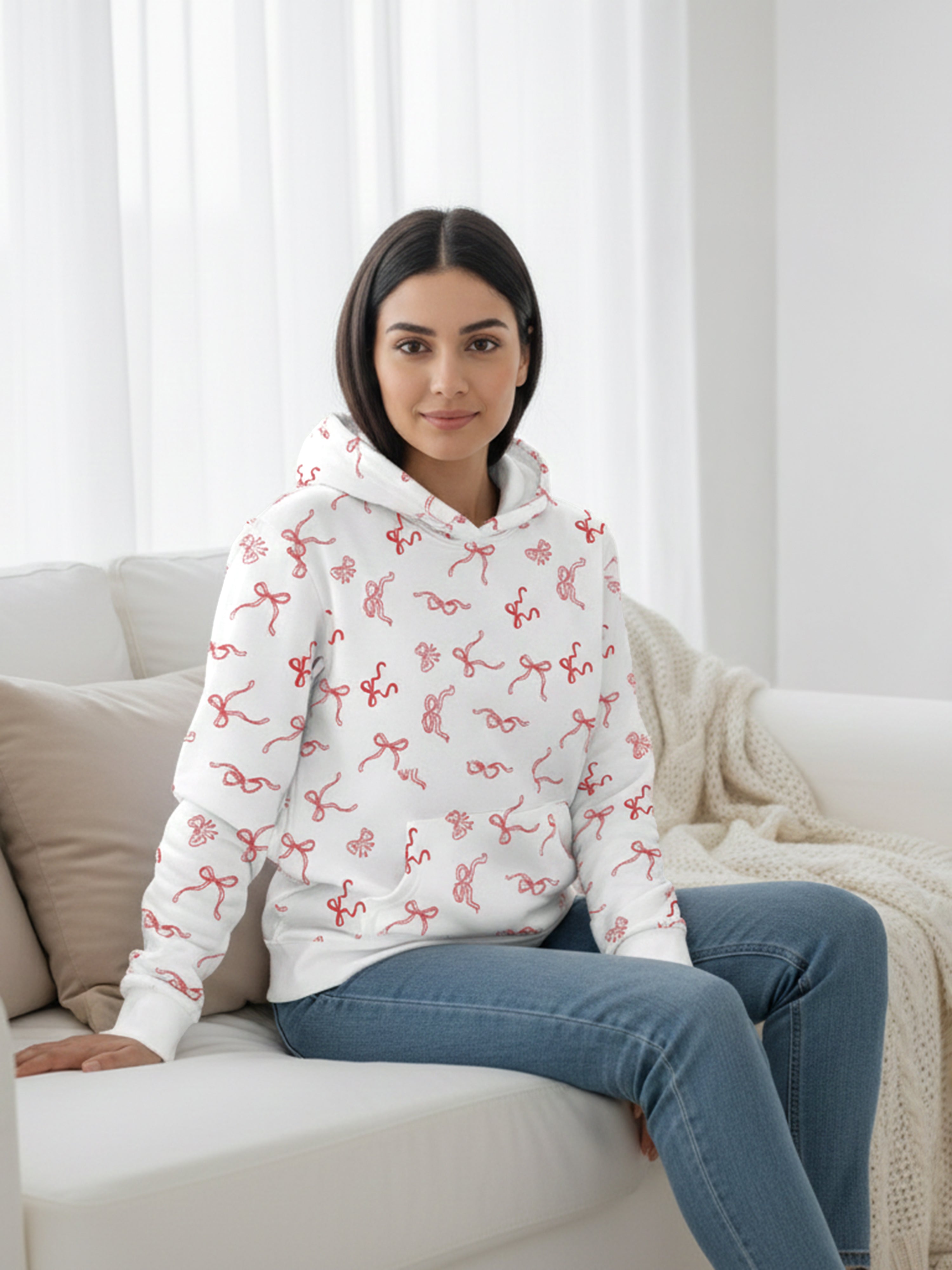 Women’s White Hooded Sweatshirt with Red Bow Print