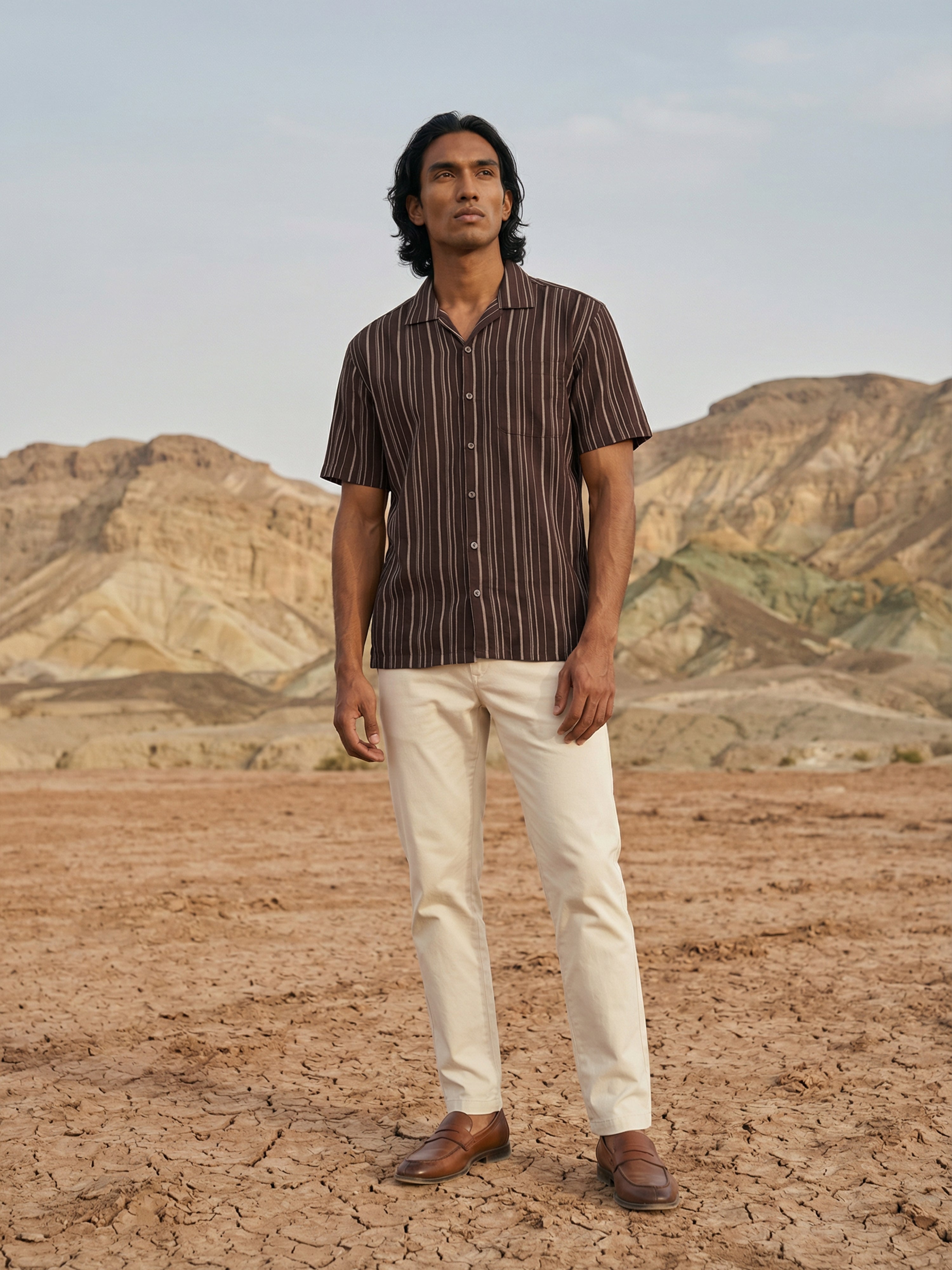 Brown Polyster Cotton Cuban Collar Half Shirt For Male