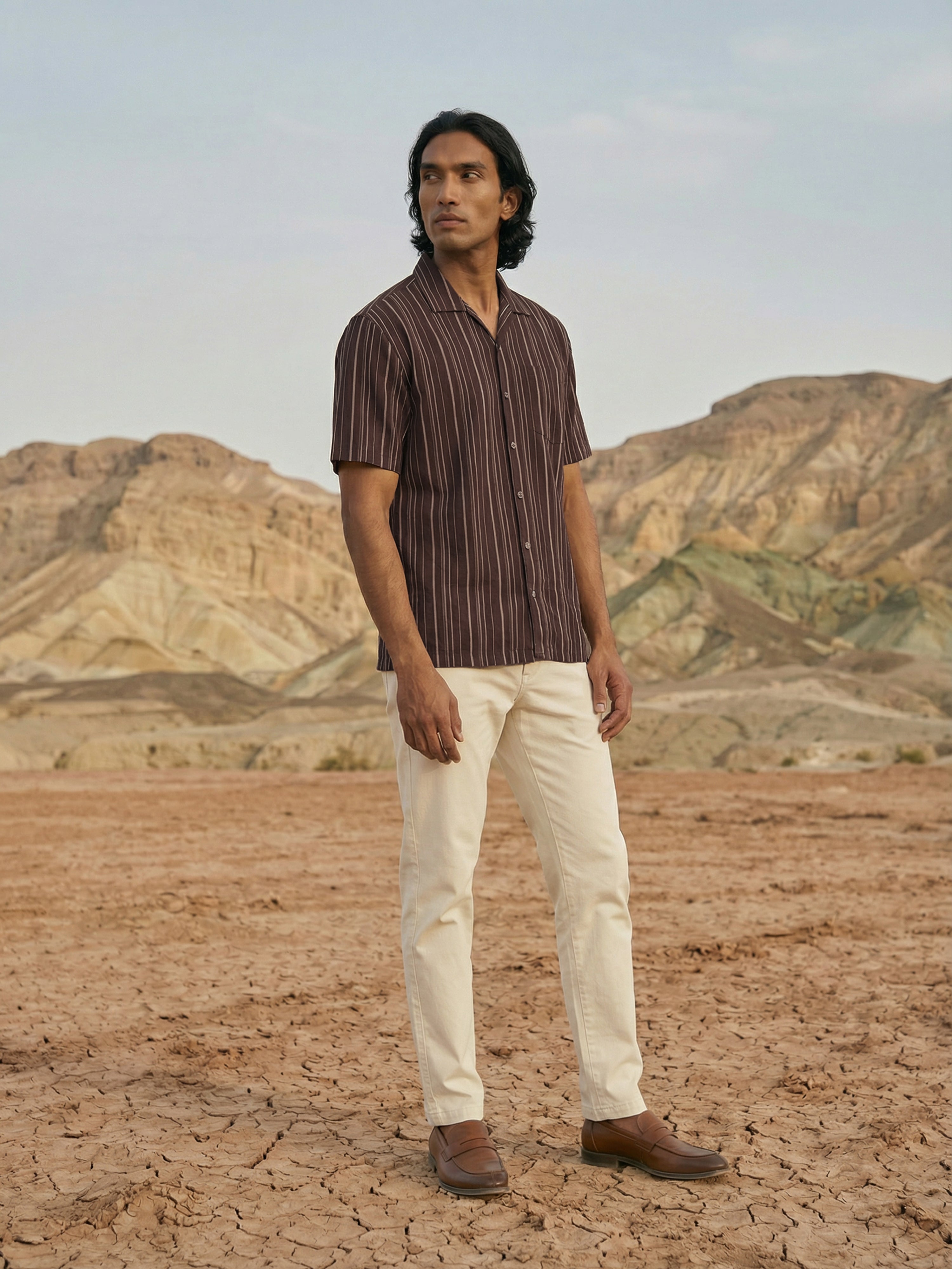 Brown Polyster Cotton Cuban Collar Half Shirt For Male