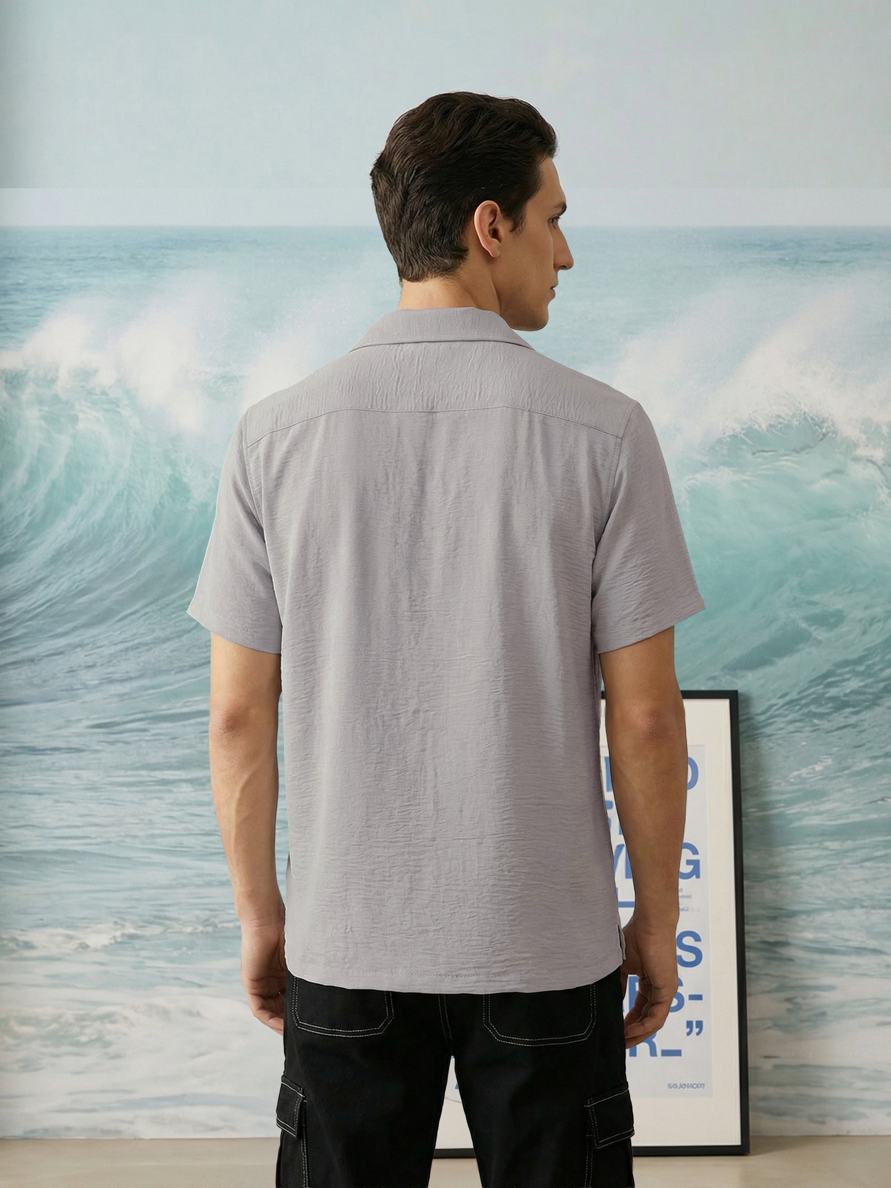 Grey Cuban Collar Half Sleeves Mens Shirt