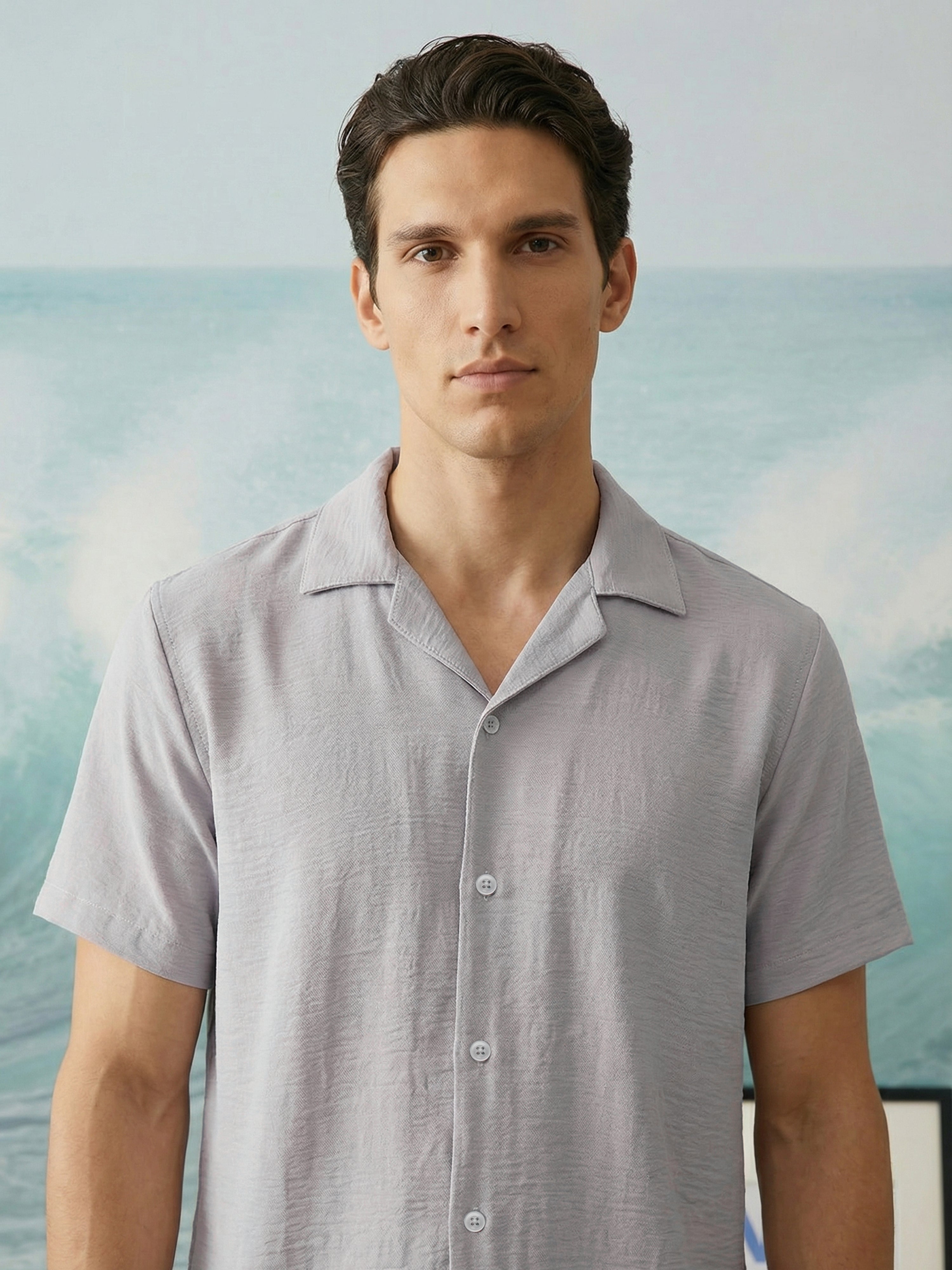 Grey Cuban Collar Half Sleeves Mens Shirt