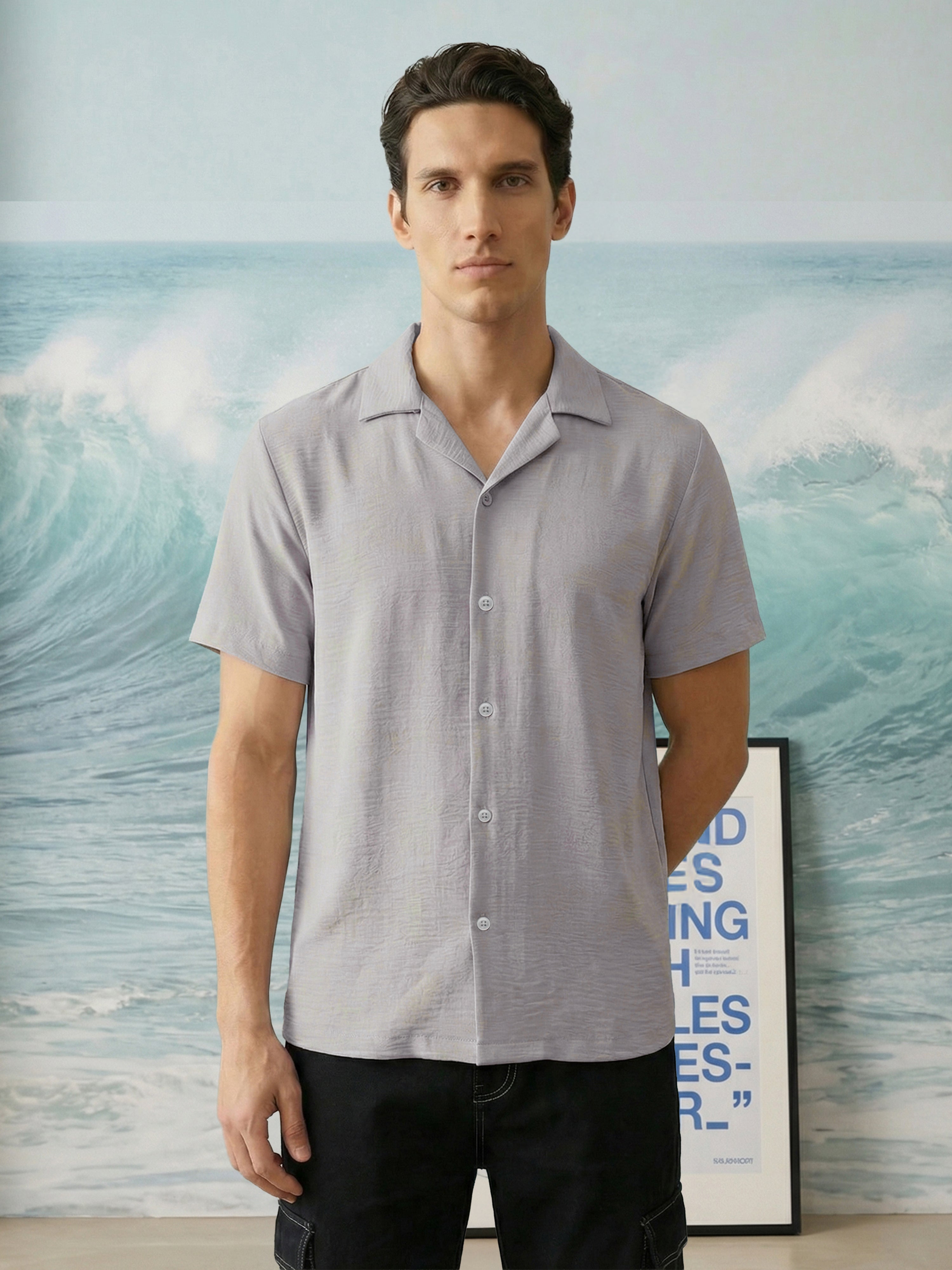 Grey Cuban Collar Half Sleeves Mens Shirt
