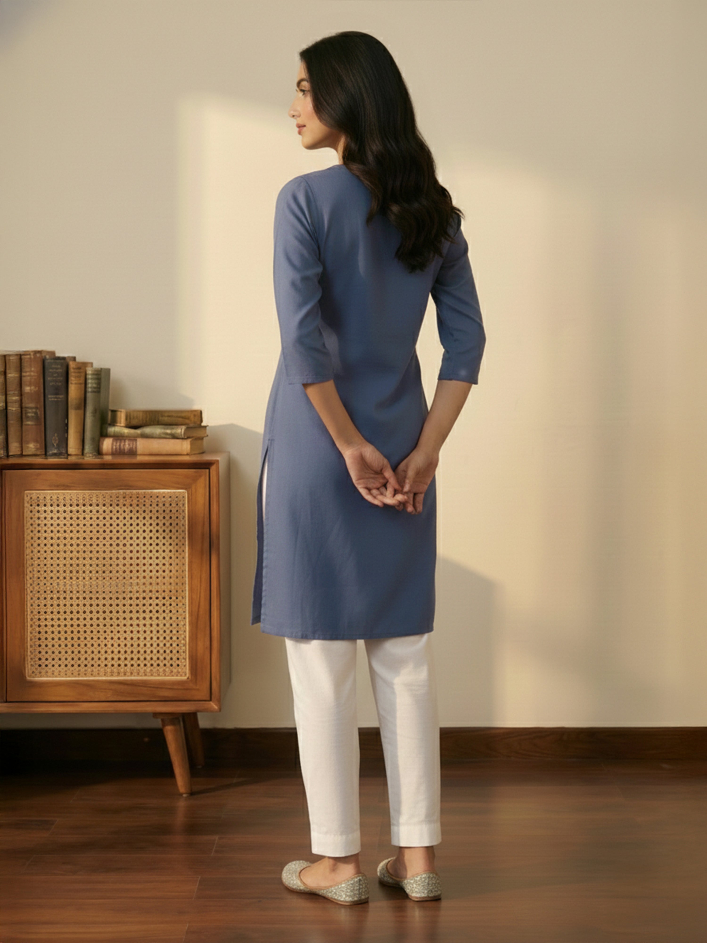 Indigo Cotton Flex Ceat Neck Full Sleeves With Tucks Pattern Kurti For Female