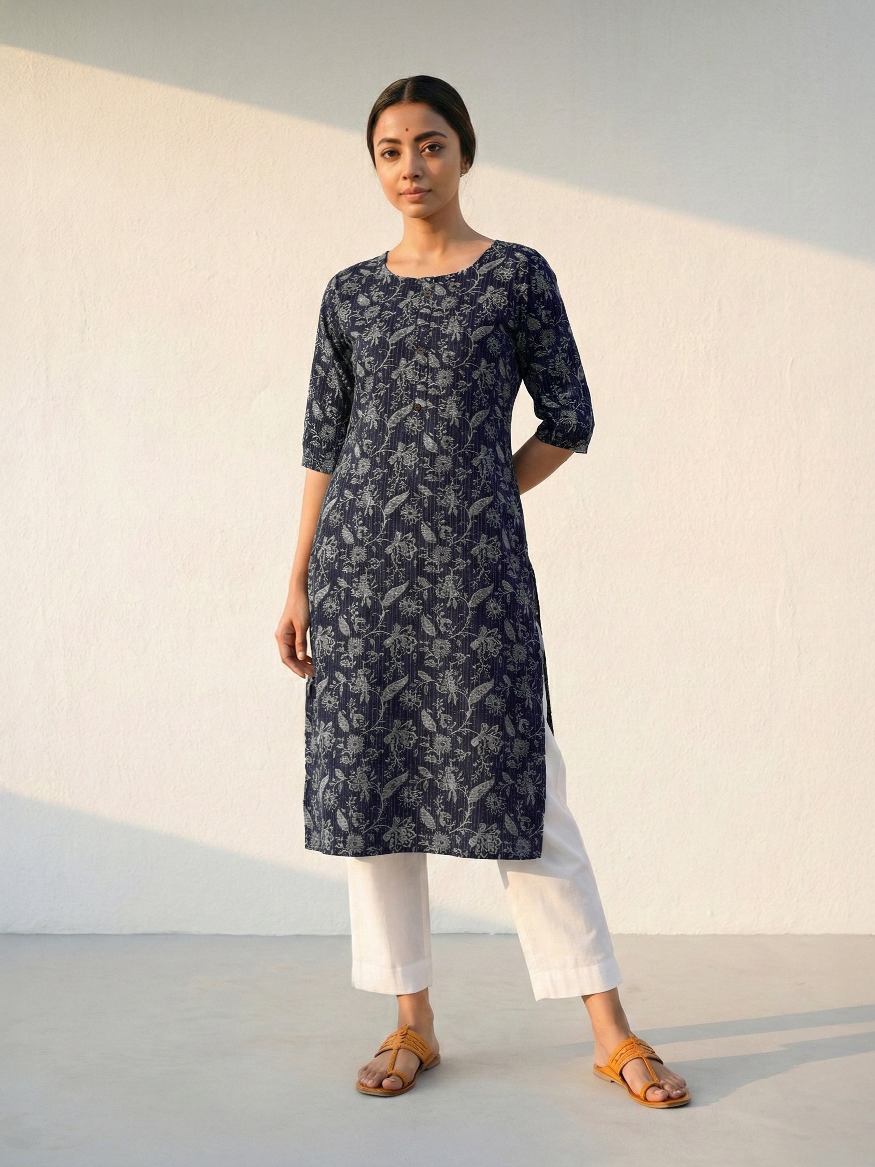 Indigo Blue Katha Cotton Round Neck 3/4 Sleeve Kurti For Female