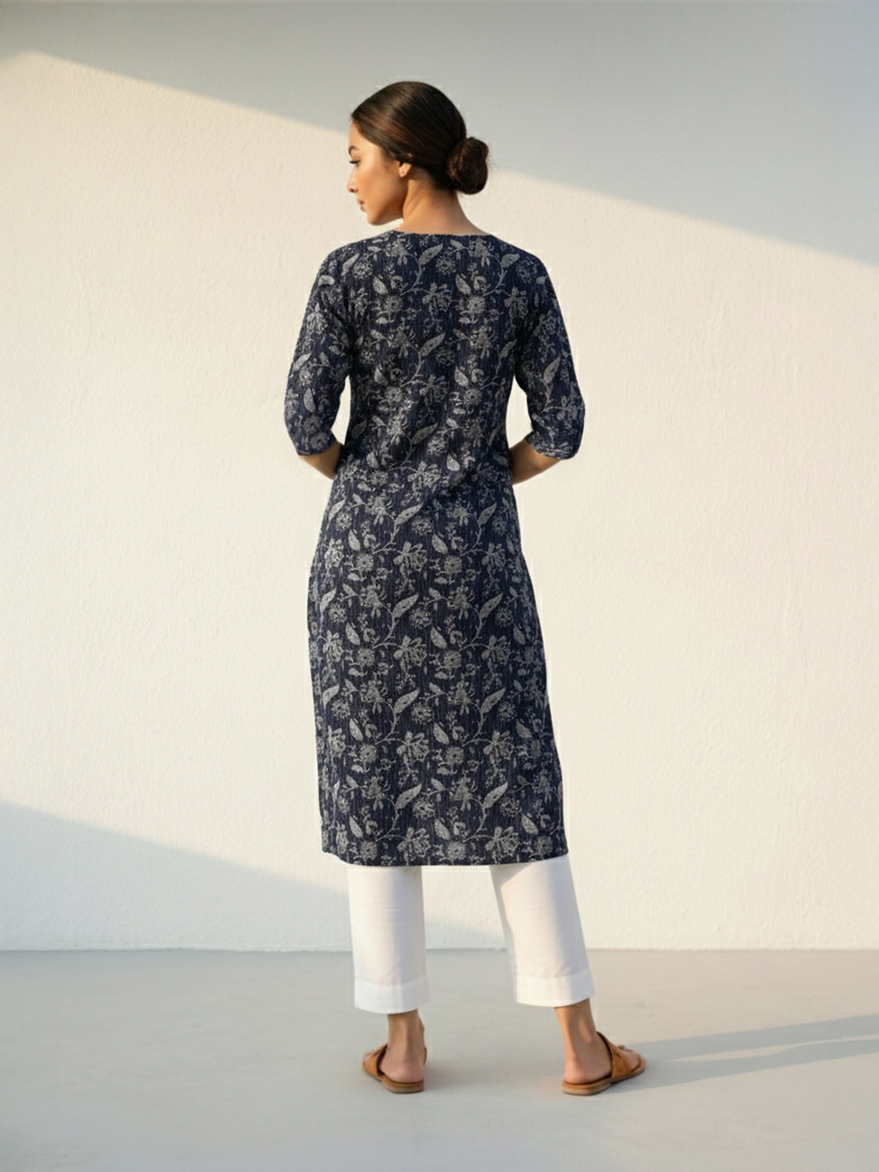Indigo Blue Katha Cotton Round Neck 3/4 Sleeve Kurti For Female