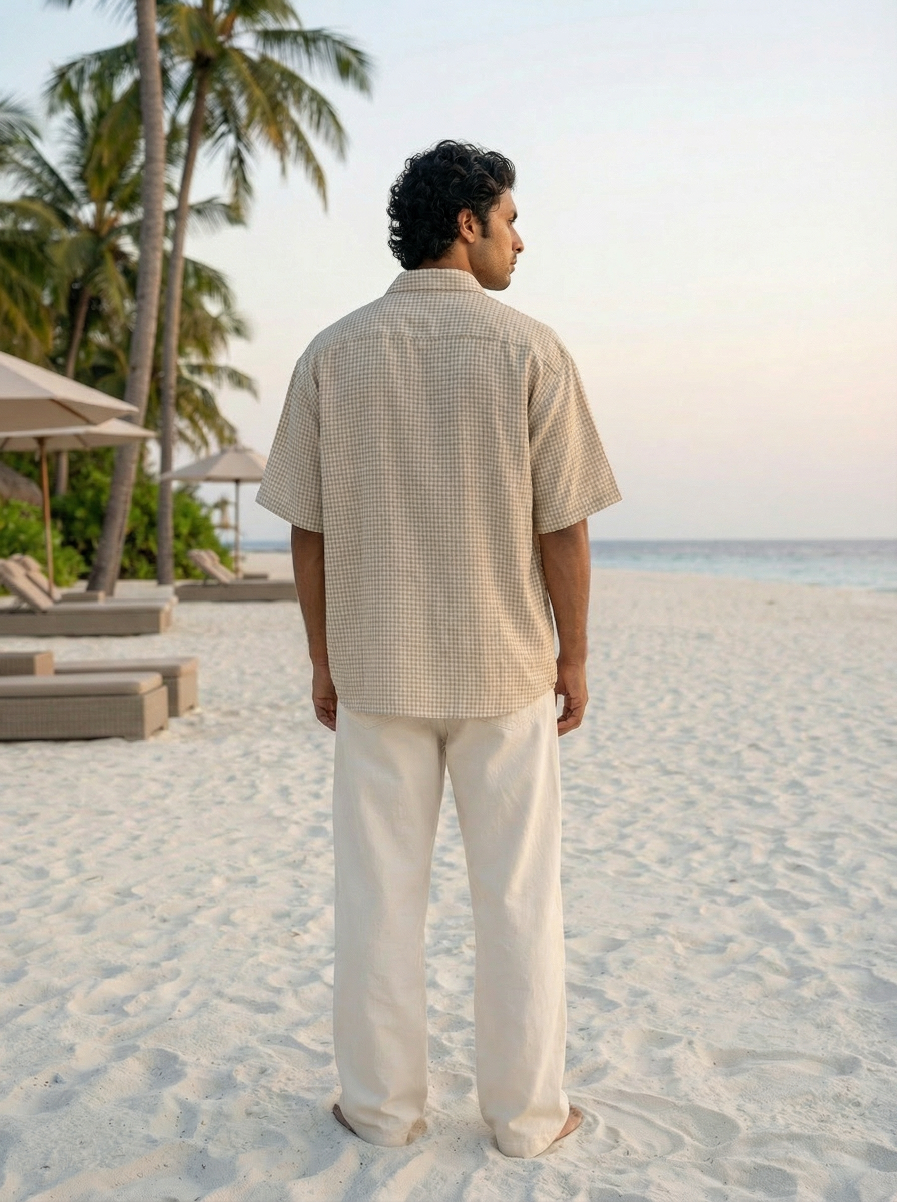 Cream Polyester Cotton Oversized Cuban-Collar Shirt