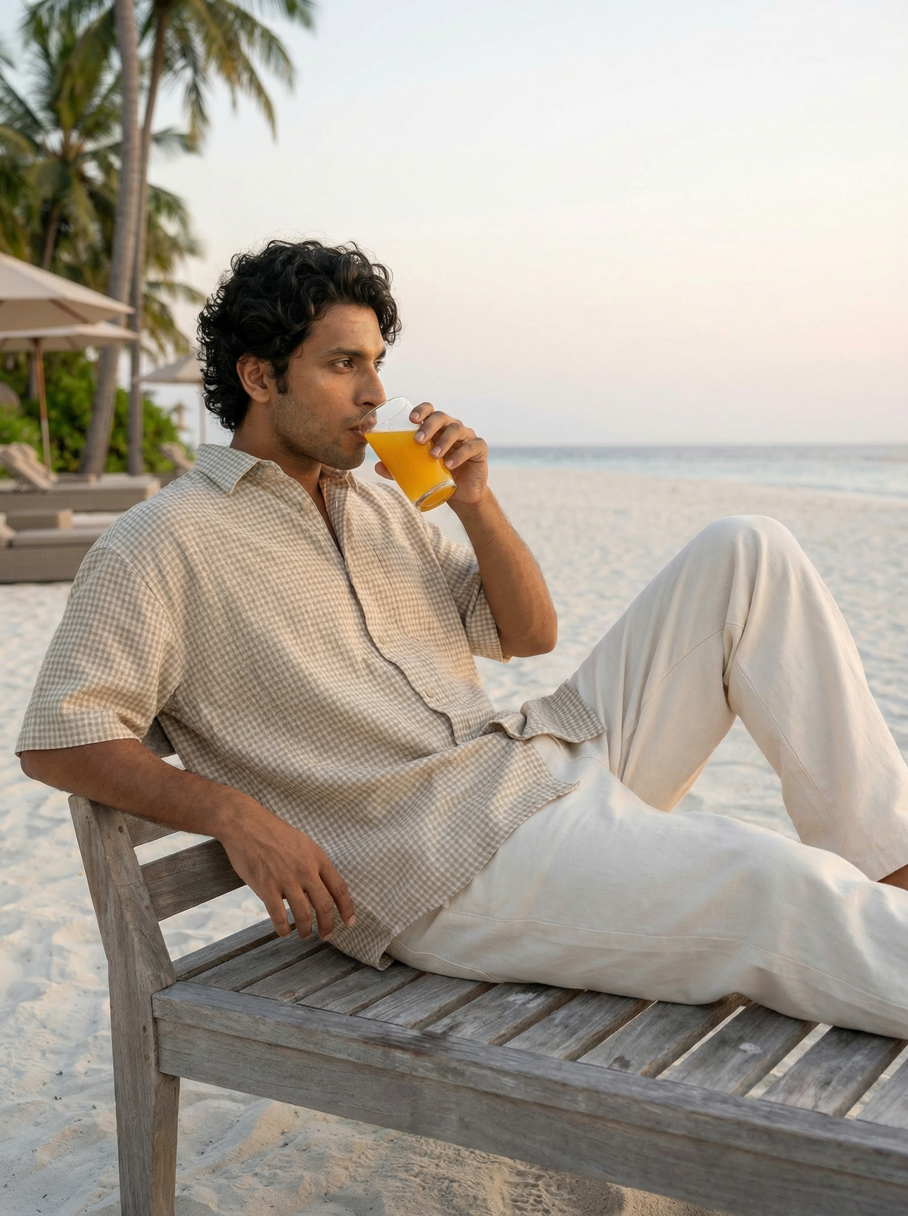 Cream Polyester Cotton Oversized Cuban-Collar Shirt