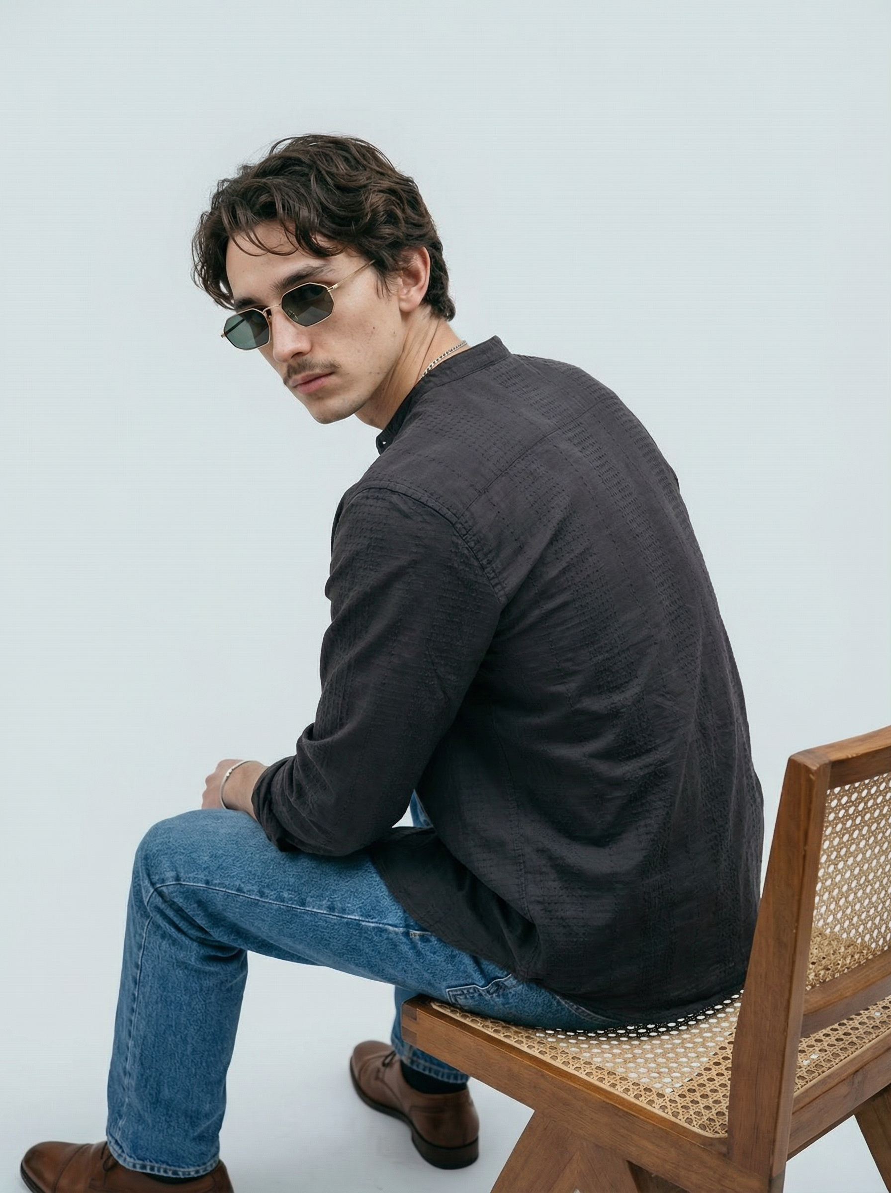 Grey Velvet Cotton Lycra Fazyo Regular Fit Mandarin Collar Full Sleeve Shirt