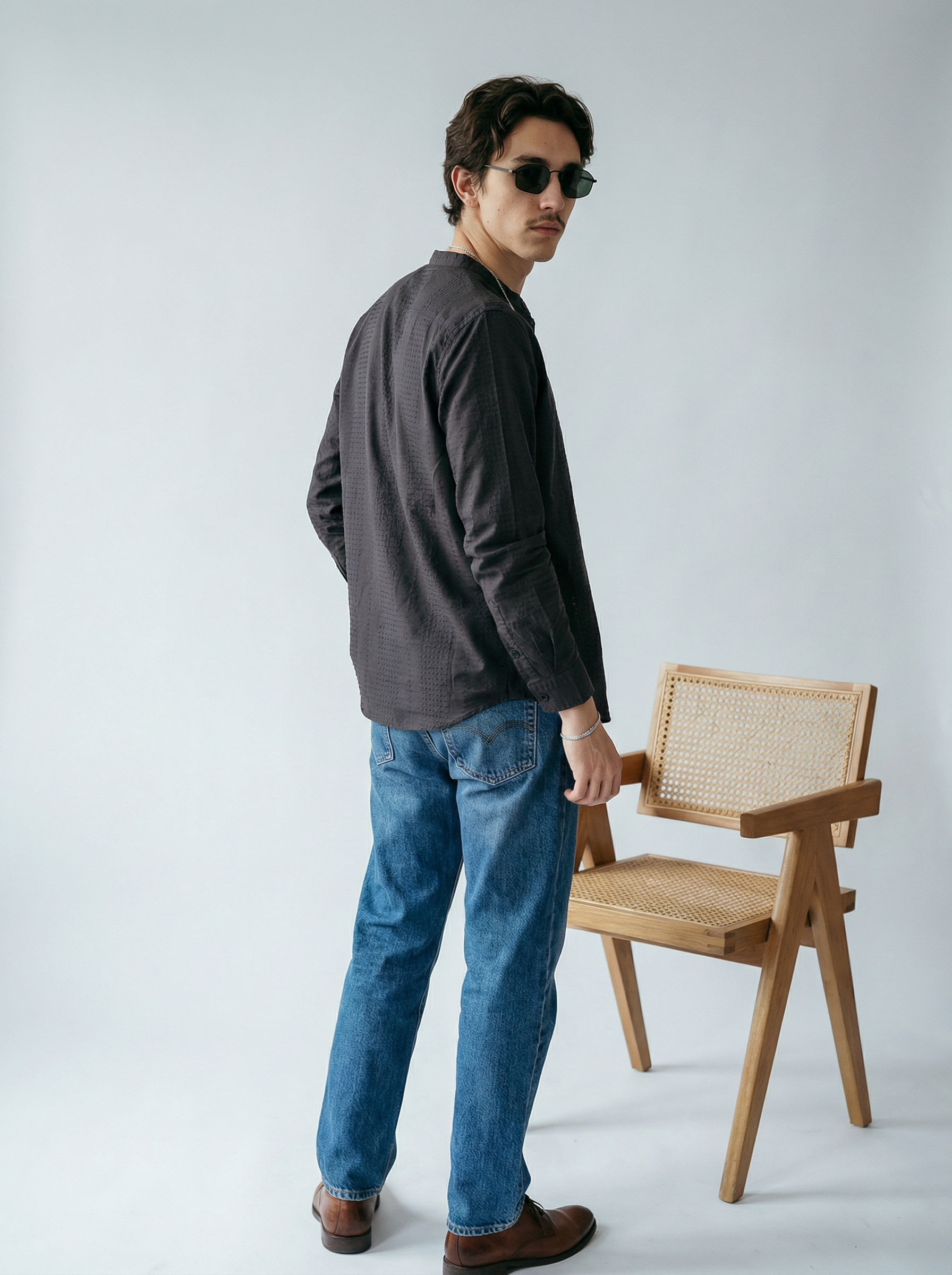 Grey Velvet Cotton Lycra Fazyo Regular Fit Mandarin Collar Full Sleeve Shirt