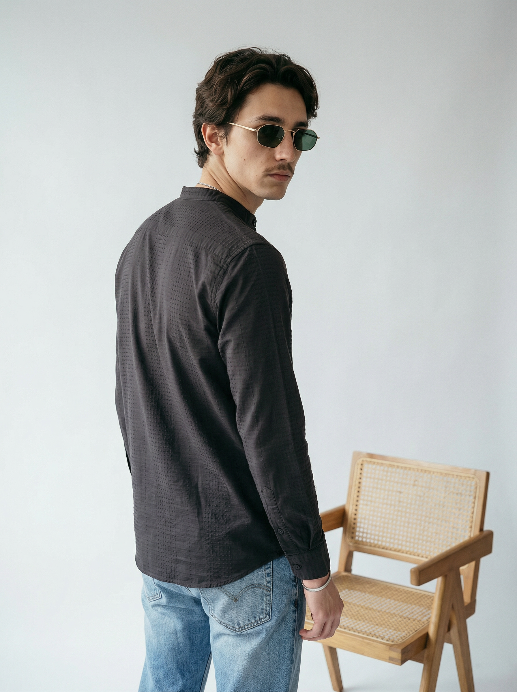 Grey Velvet Cotton Lycra Fazyo Regular Fit Mandarin Collar Full Sleeve Shirt