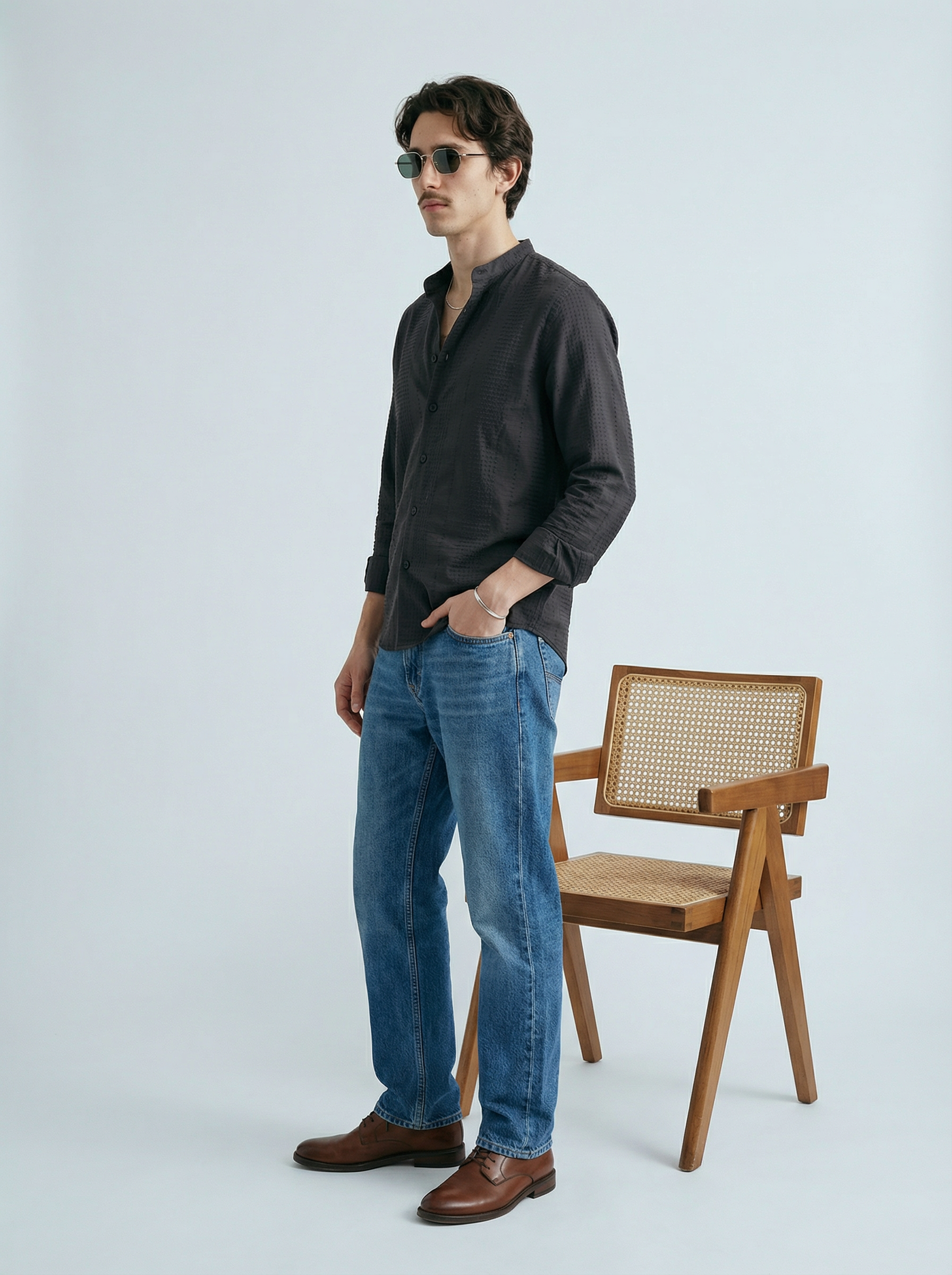 Grey Velvet Cotton Lycra Fazyo Regular Fit Mandarin Collar Full Sleeve Shirt