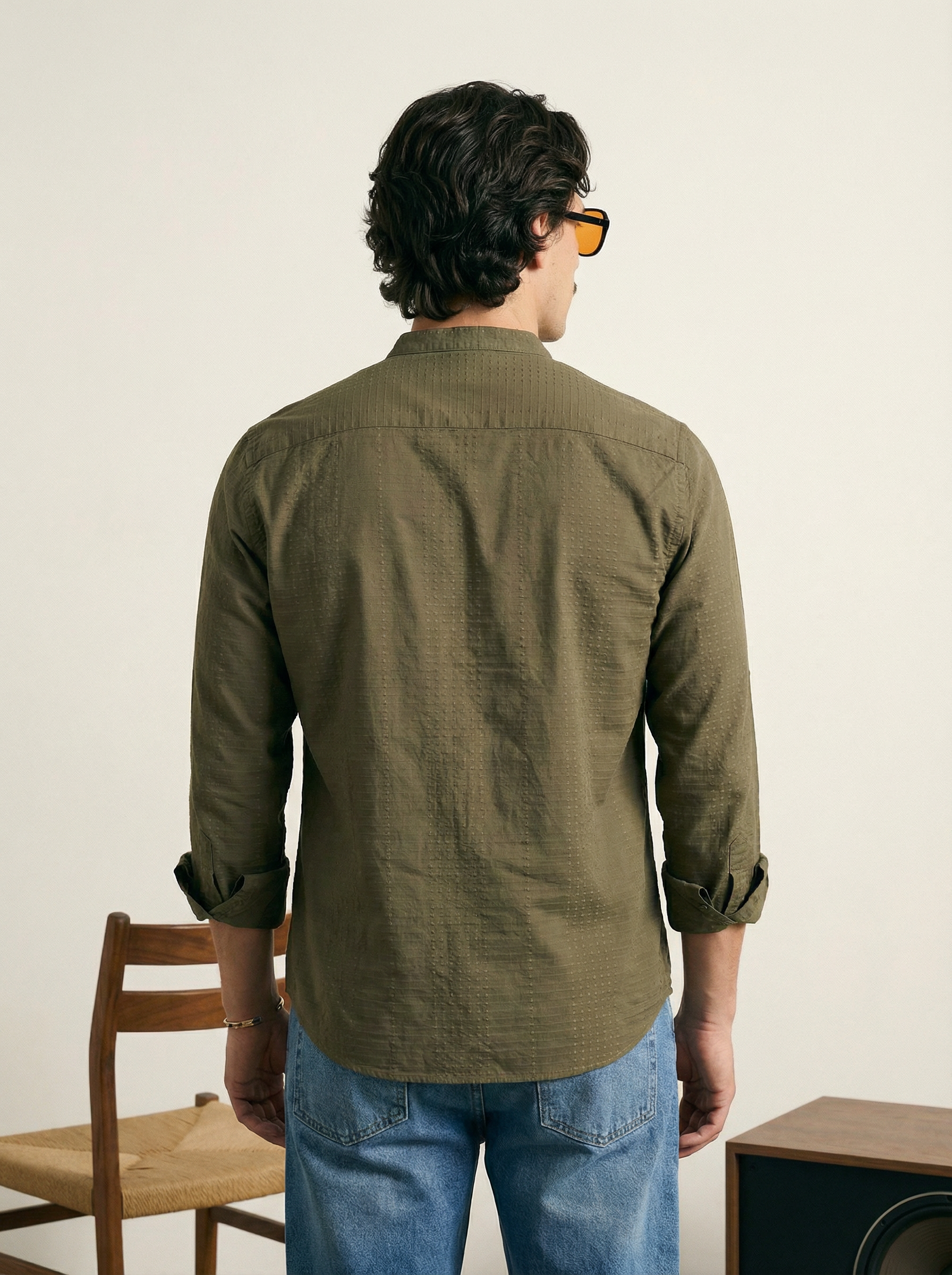 Green Velvet Cotton Lycra Fazyo Regular Fit Mandarin Collar Full Sleeve Shirt