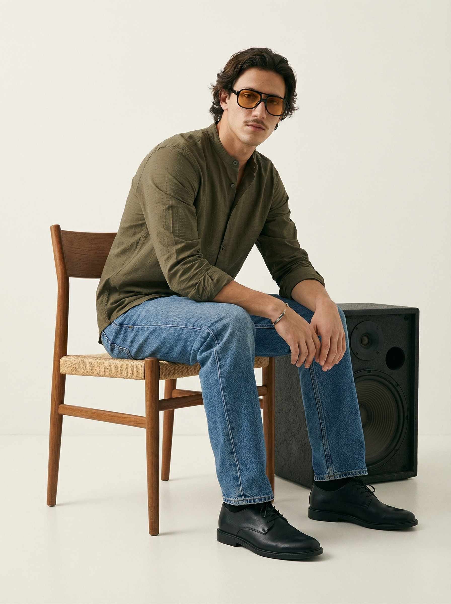 Green Velvet Cotton Lycra Fazyo Regular Fit Mandarin Collar Full Sleeve Shirt