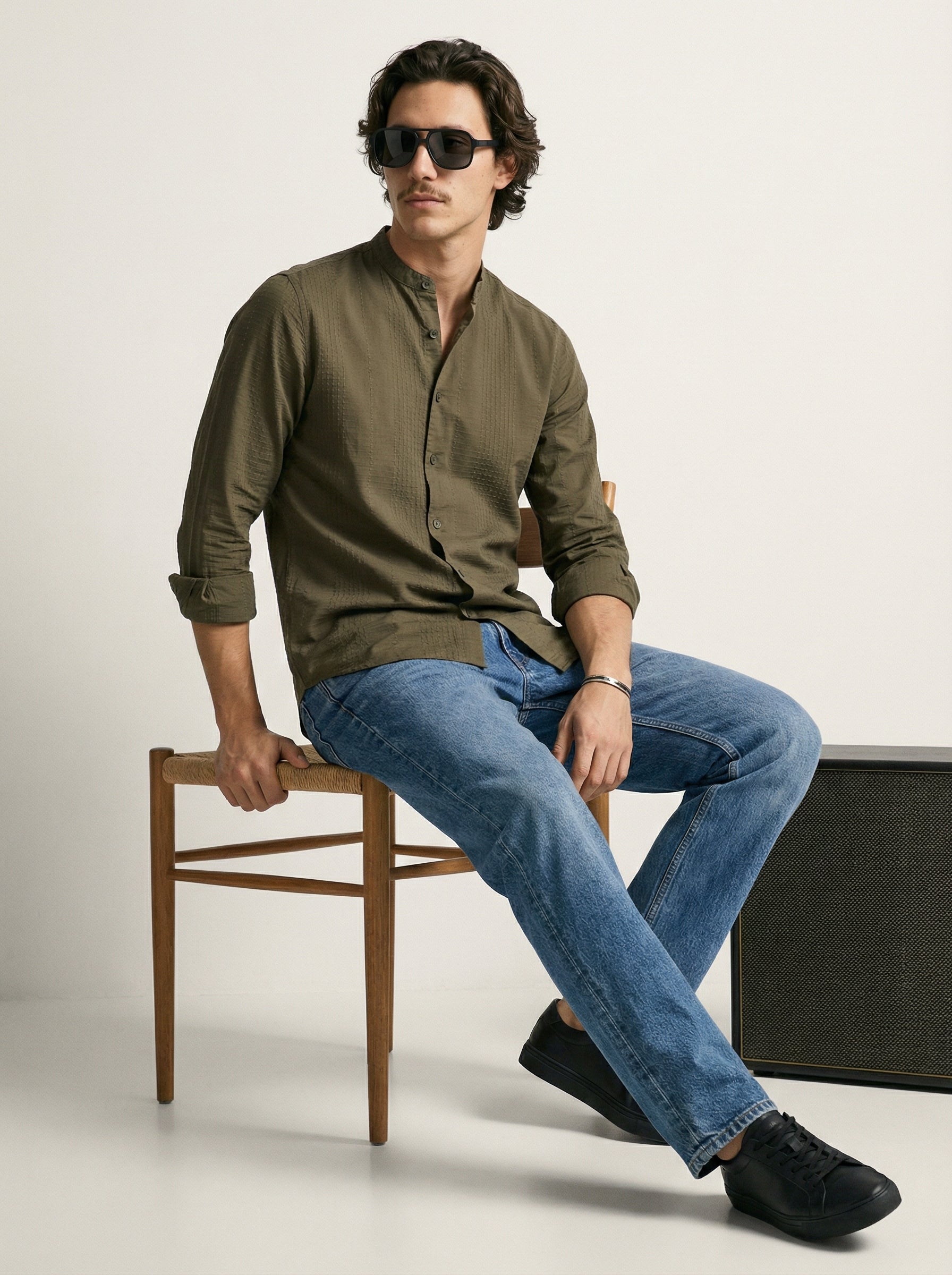 Green Velvet Cotton Lycra Fazyo Regular Fit Mandarin Collar Full Sleeve Shirt