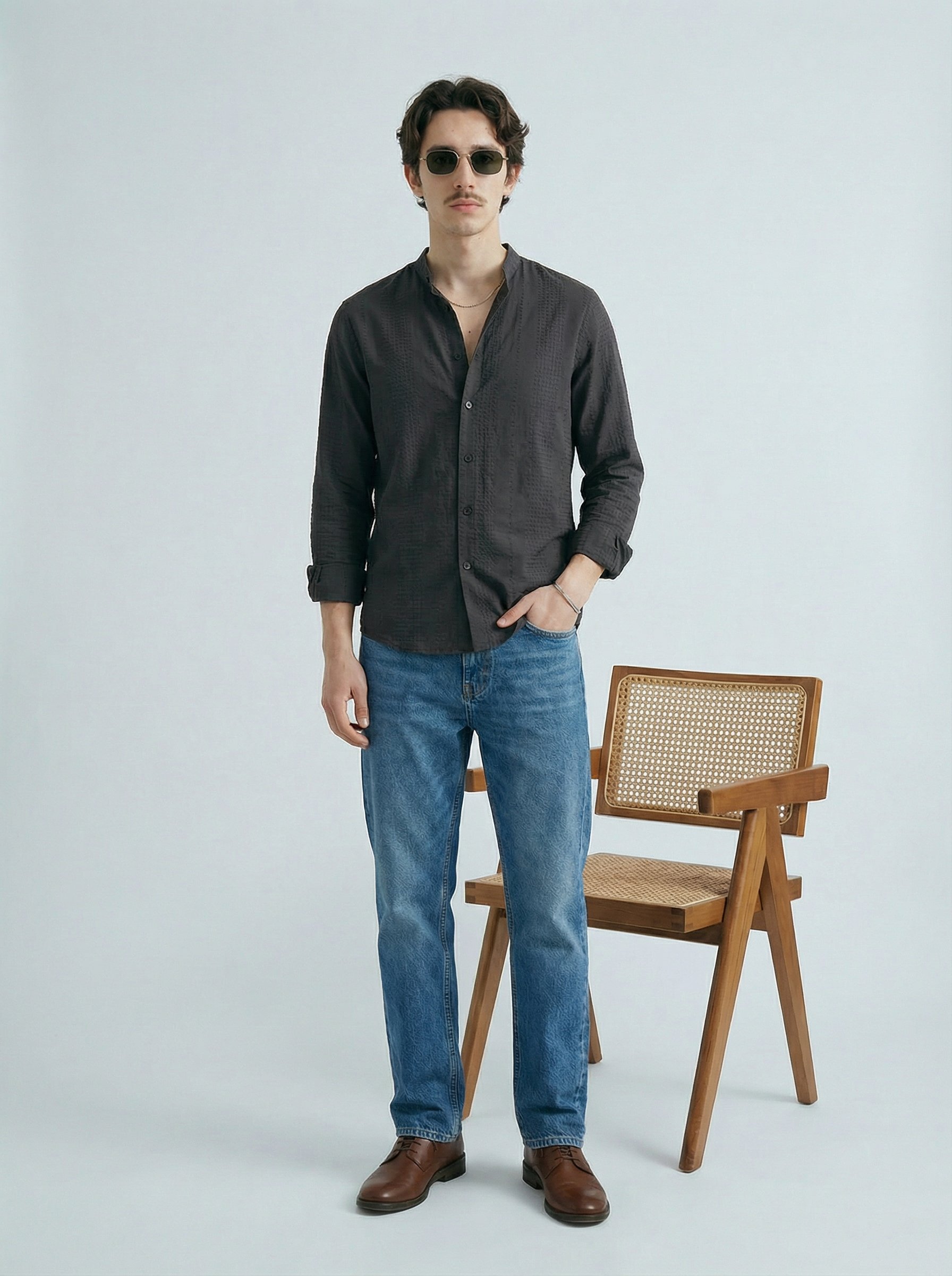 Grey Velvet Cotton Lycra Fazyo Regular Fit Mandarin Collar Full Sleeve Shirt