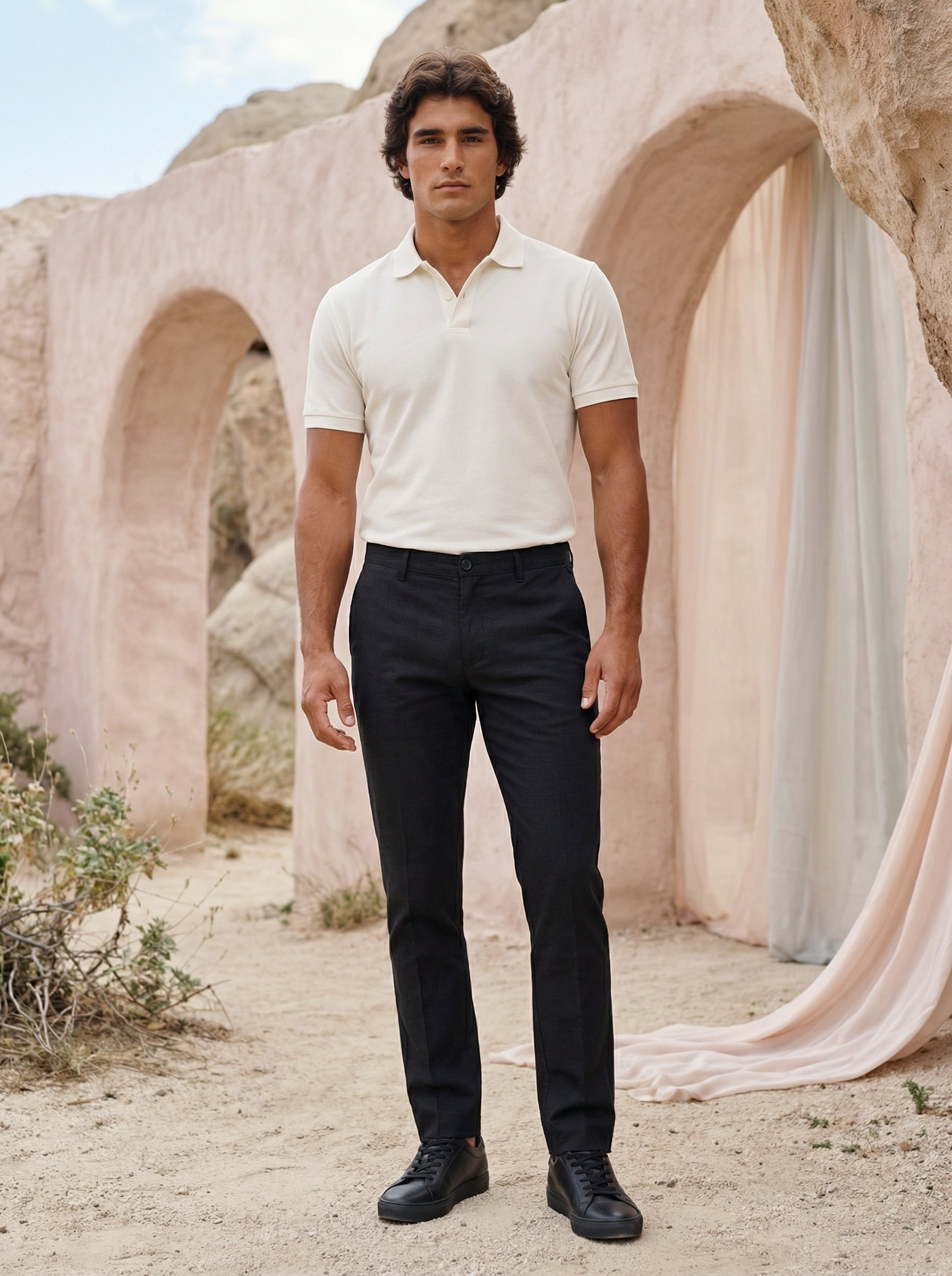Men’s Black Casual Fancy Linen Dobby Trousers
