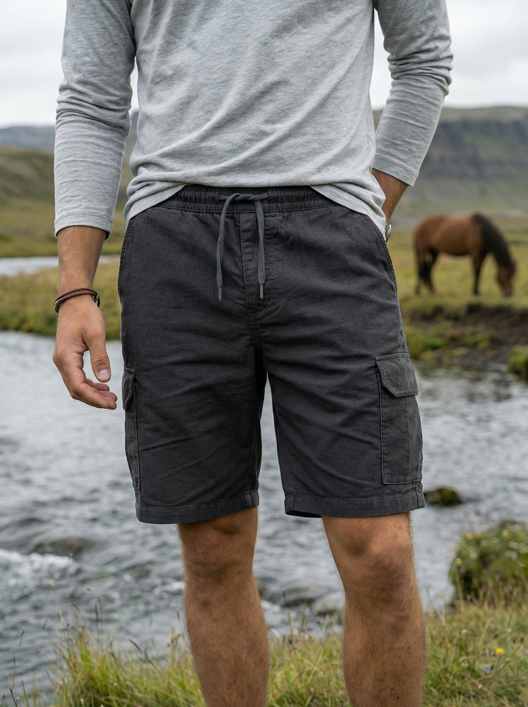Men’s Dark Grey Corded Cotton Regular Fit Shorts