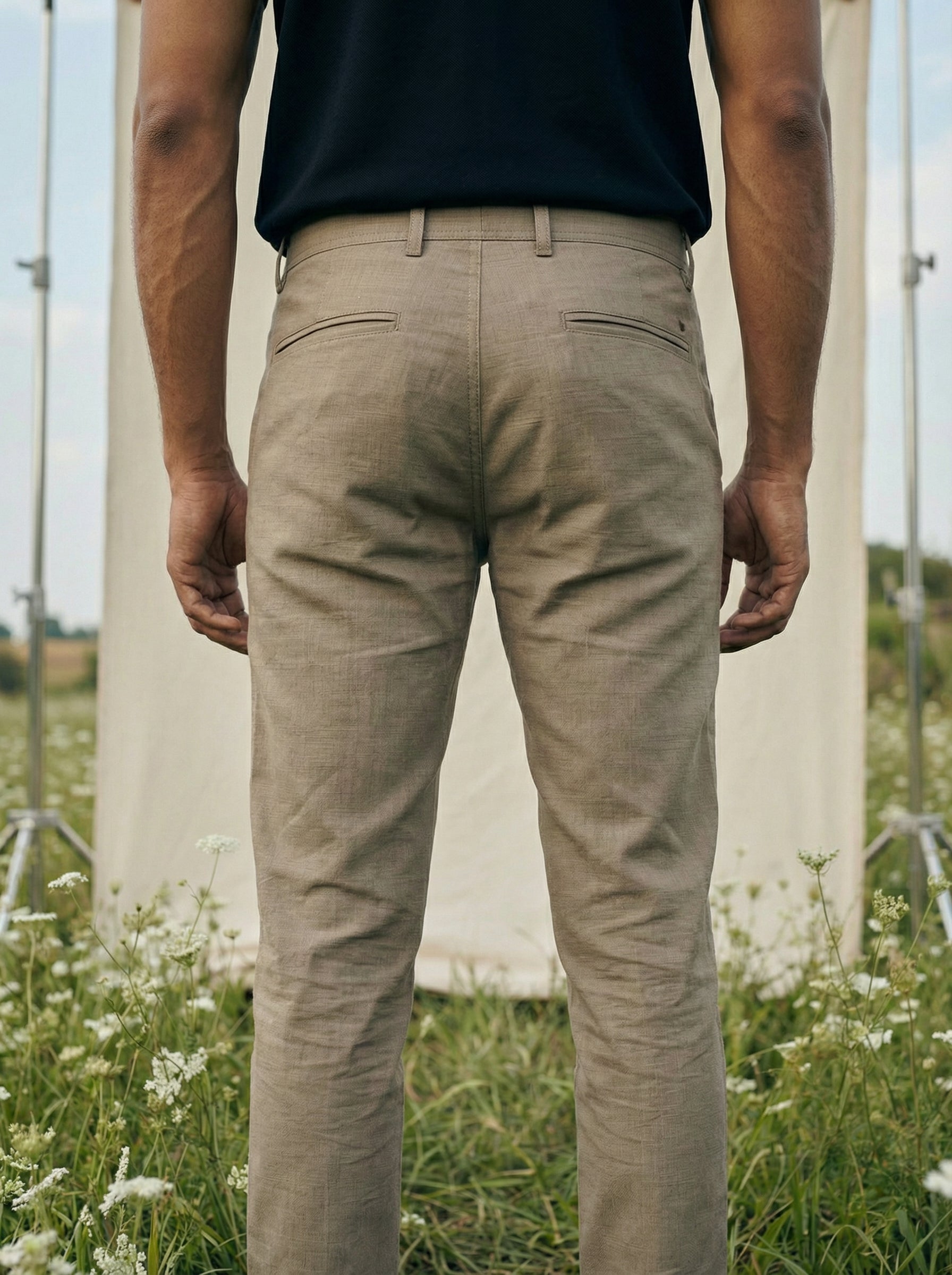 Men’s Beige Casual Fancy Linen Dobby Trousers