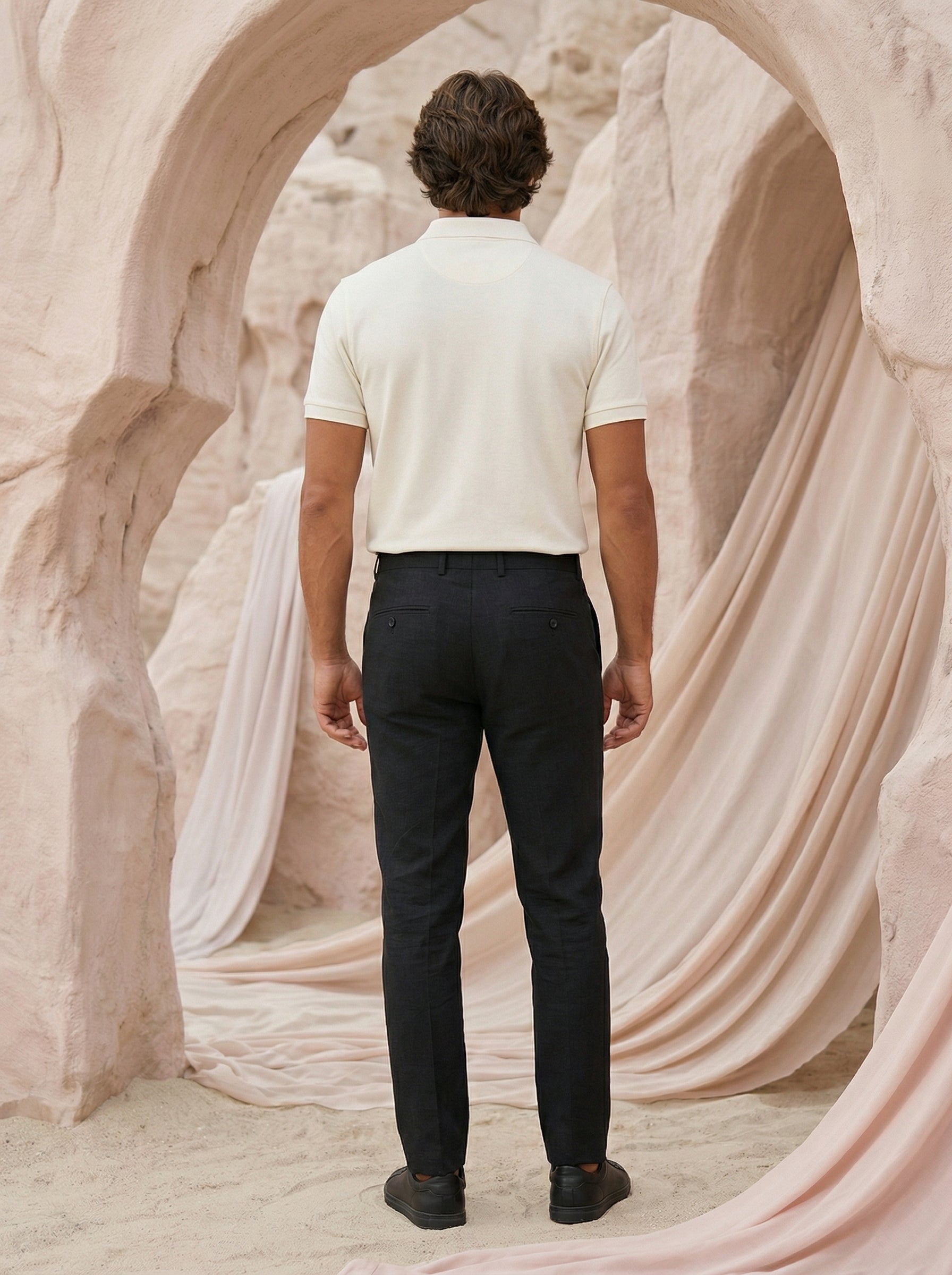 Men’s Black Casual Fancy Linen Dobby Trousers