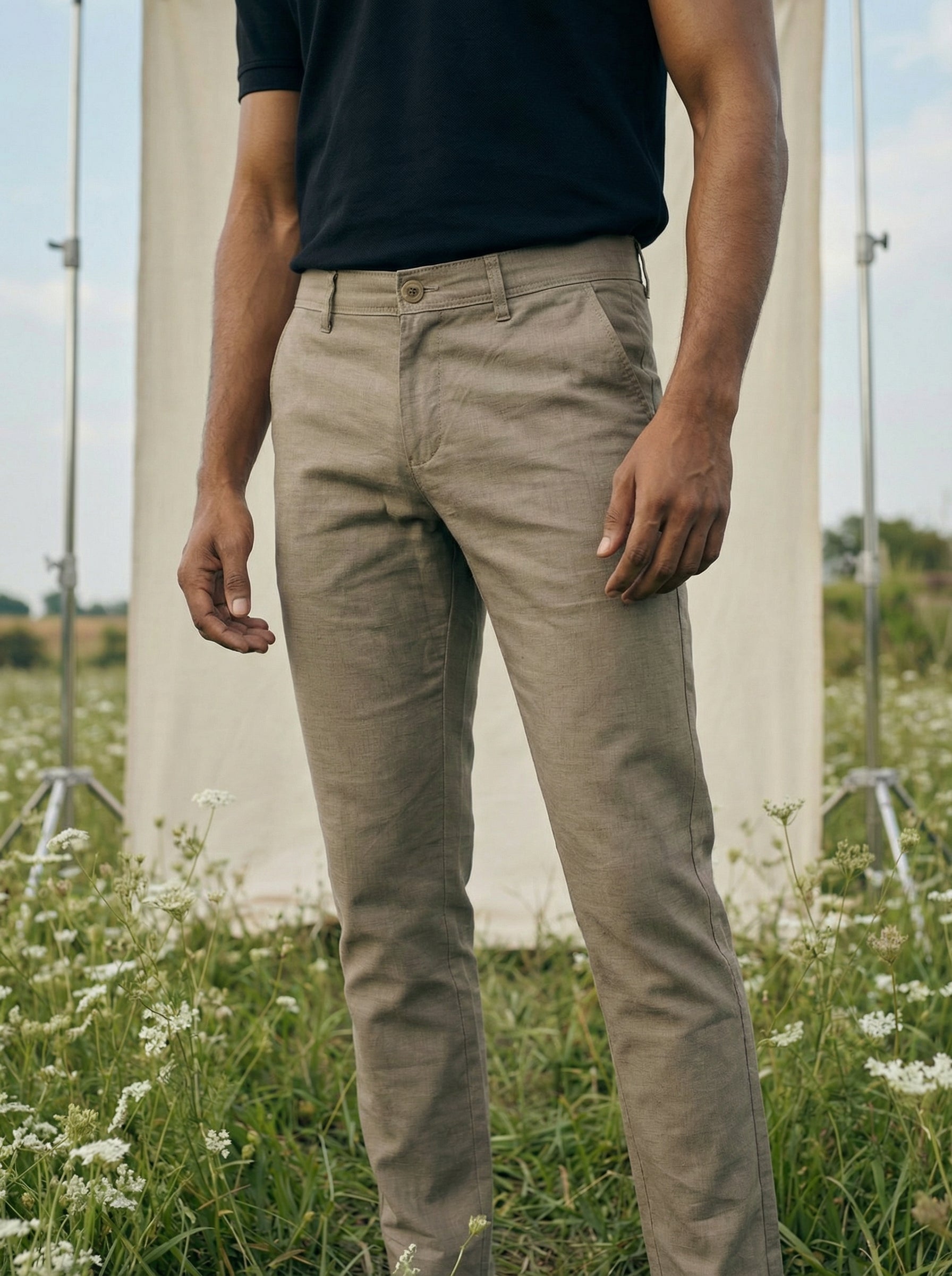 Men’s Beige Casual Fancy Linen Dobby Trousers