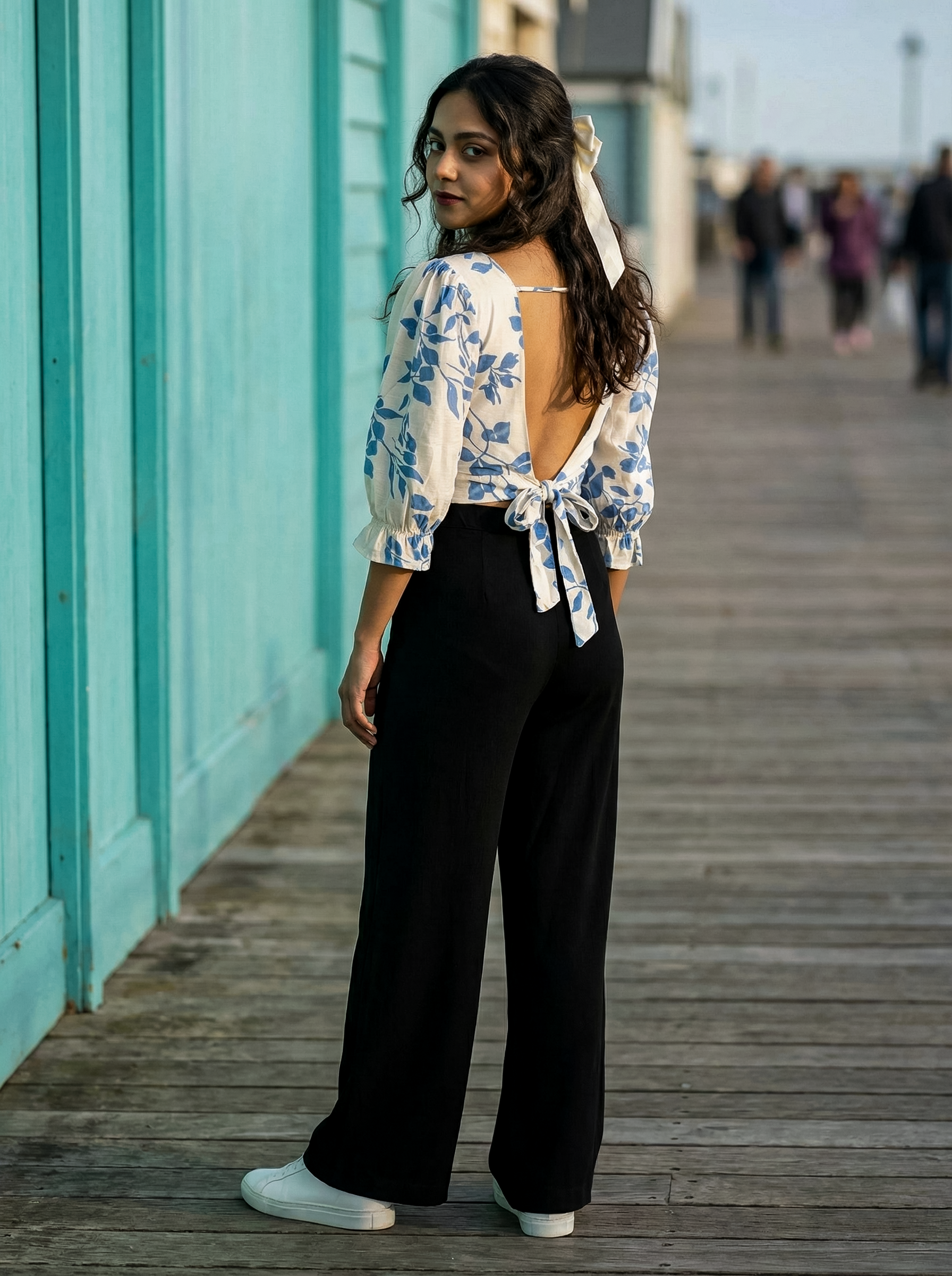 Women's Blue Nylon Viscose Imp Top with Square Neck