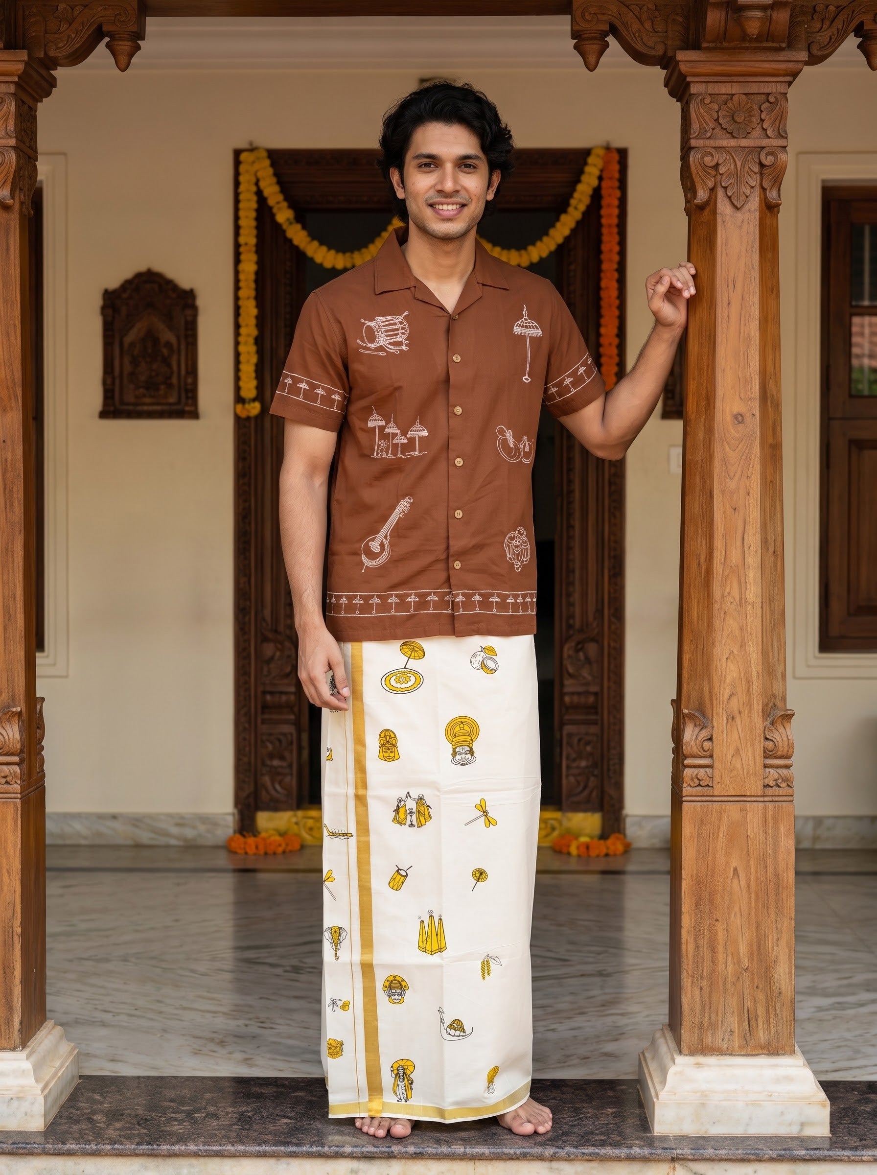 Men's Cream Golden Kasavu Printed Onam Special Dhoti