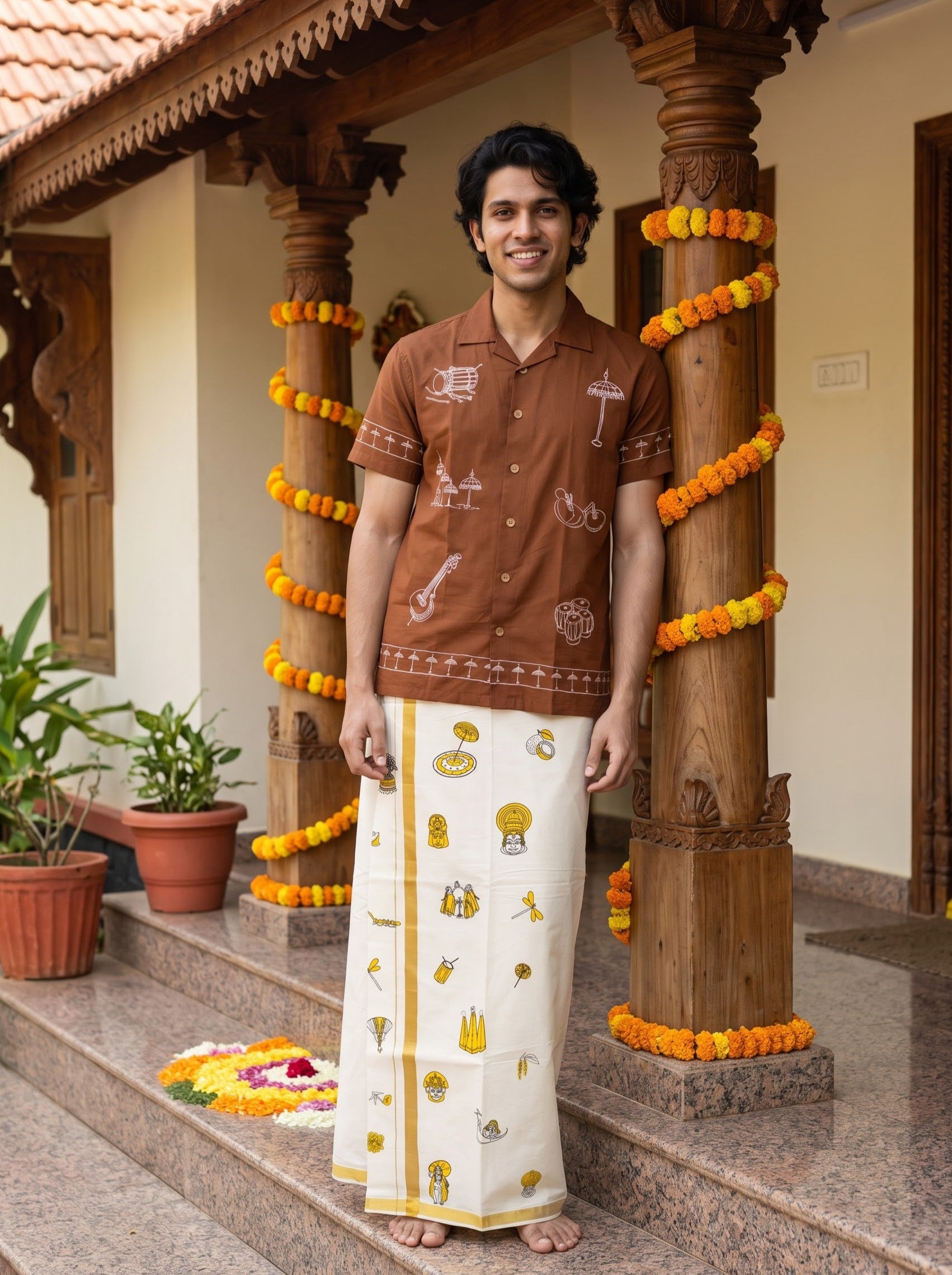 Men's Cream Golden Kasavu Printed Onam Special Dhoti