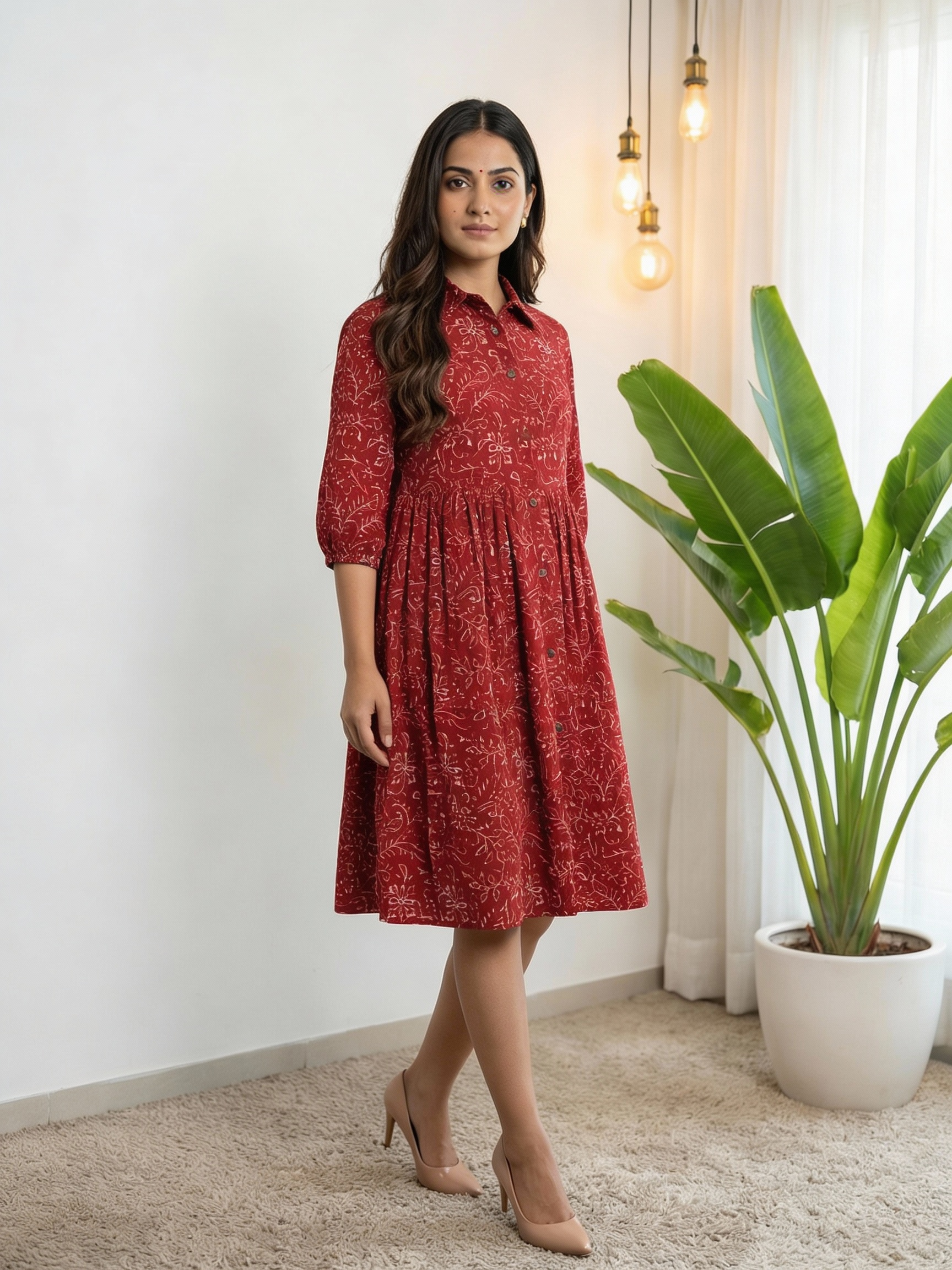 Maroon Tyred Collar Neck Women’s Dresses