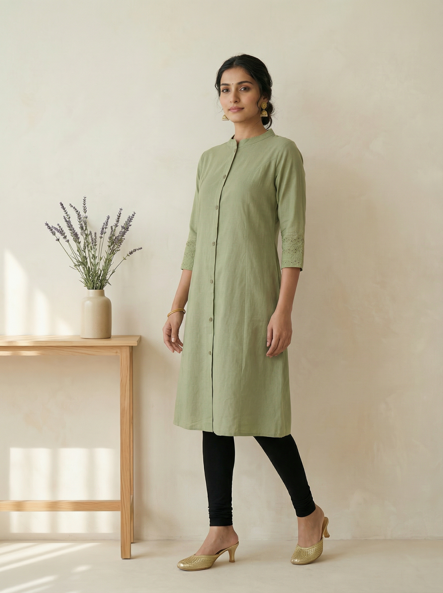 Green Flex Cotton A-Line Kurti with Mandarin Collar