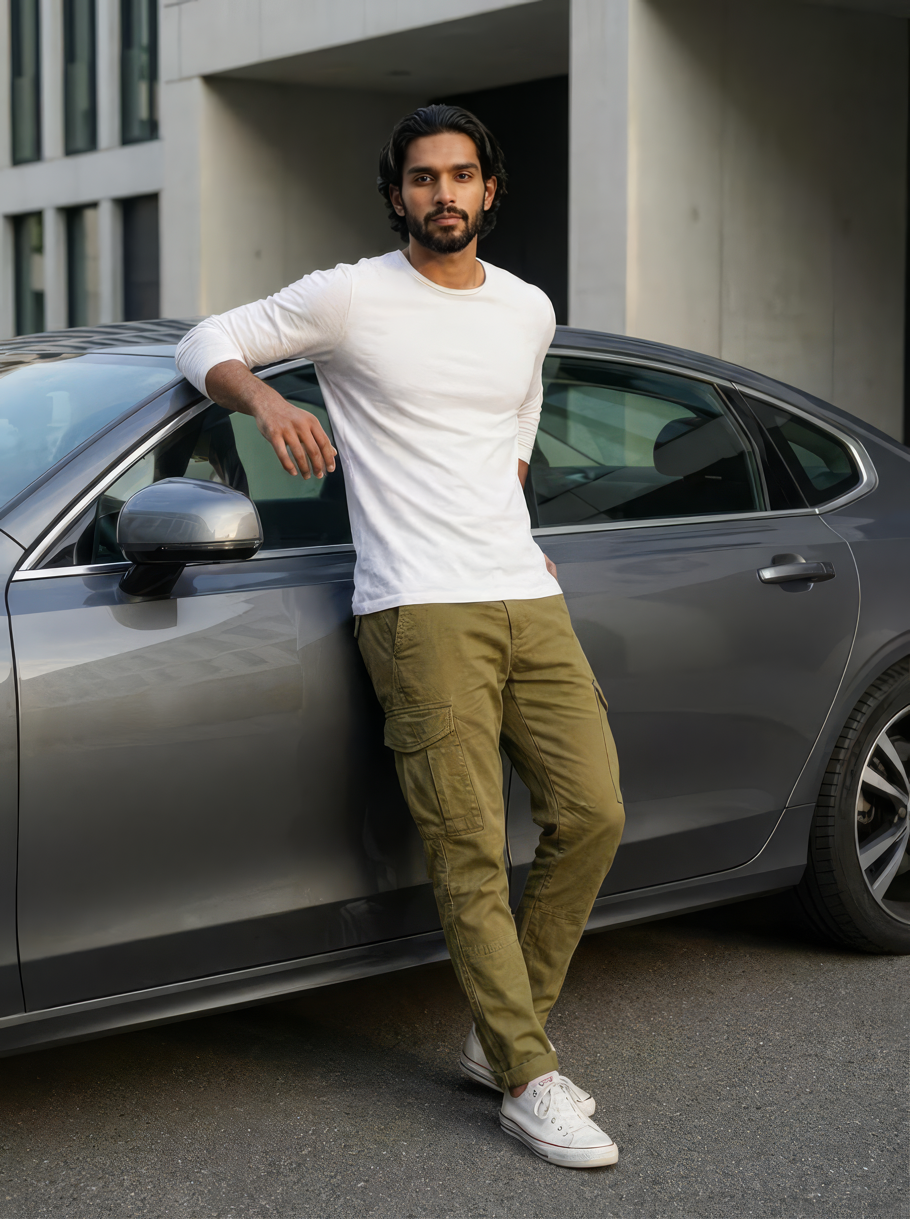 Men’s Olive Green Linen Plain Cargo