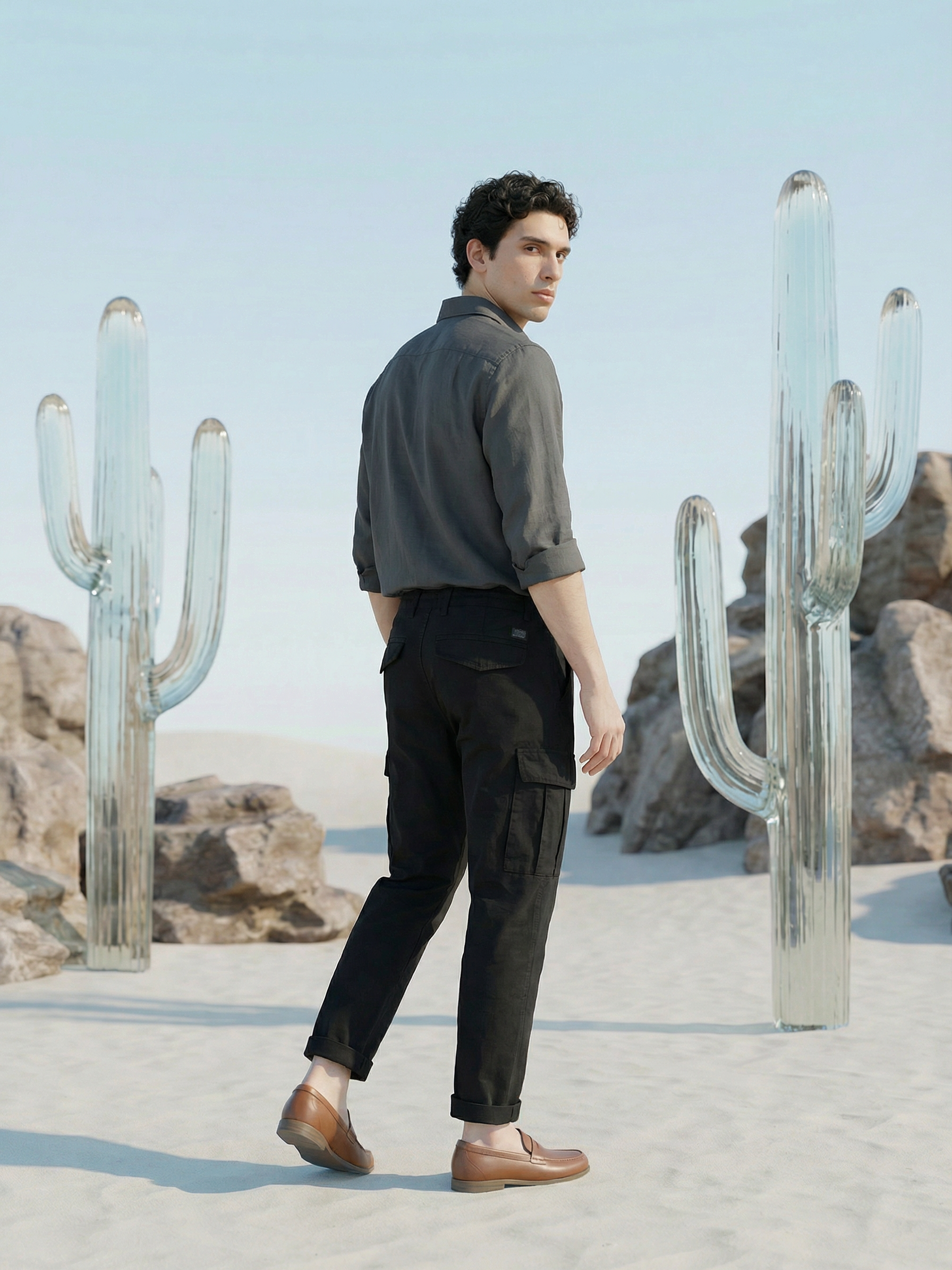 Men’s Black Linen Plain Cargo