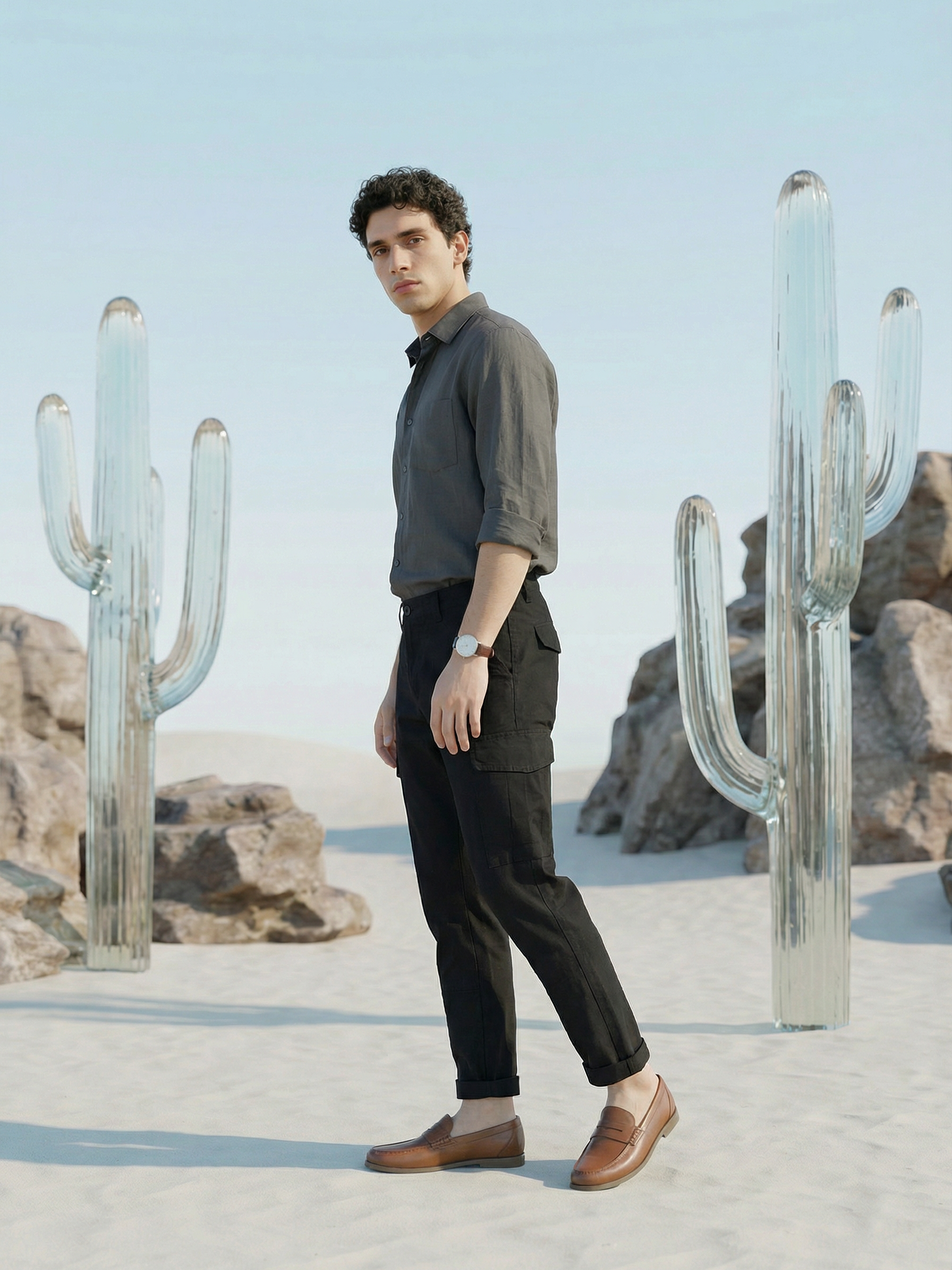 Men’s Black Linen Plain Cargo