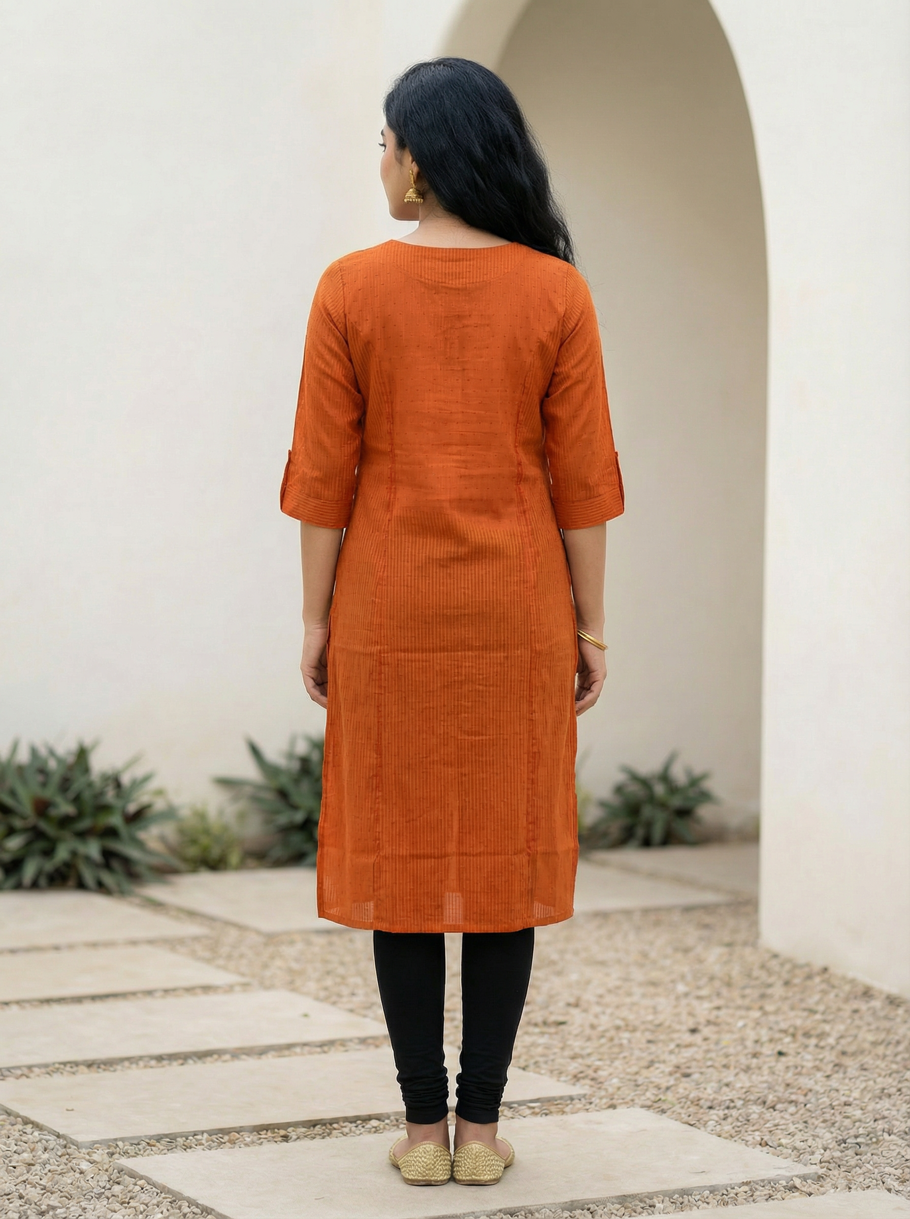 Rust Cotton Dobby Regular Round Neck Kurti