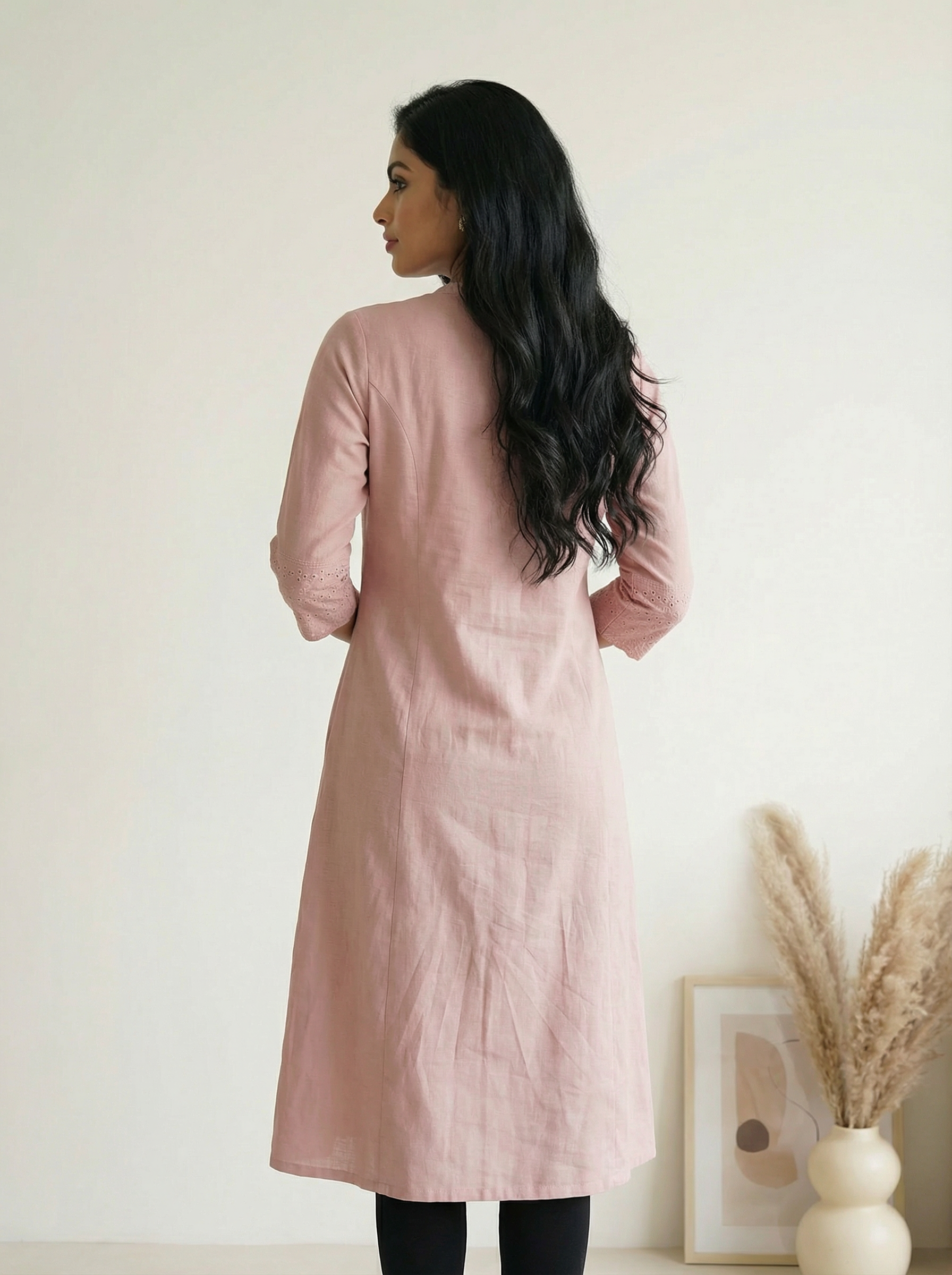 Pink Flex Cotton A-Line Kurti with Mandarin Collar