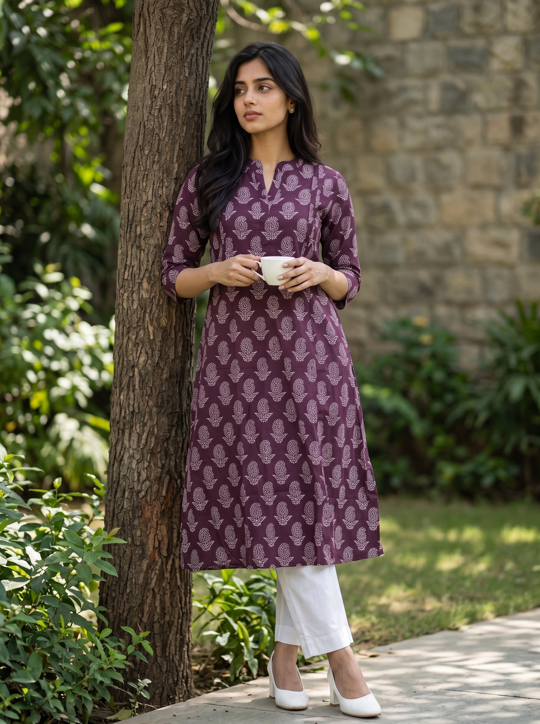 Women's Cotton Wine Regular Fit Kurti