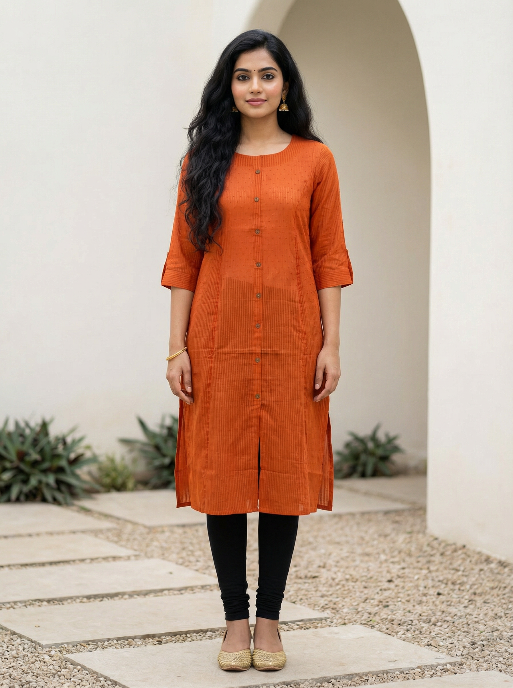 Rust Cotton Dobby Regular Round Neck Kurti